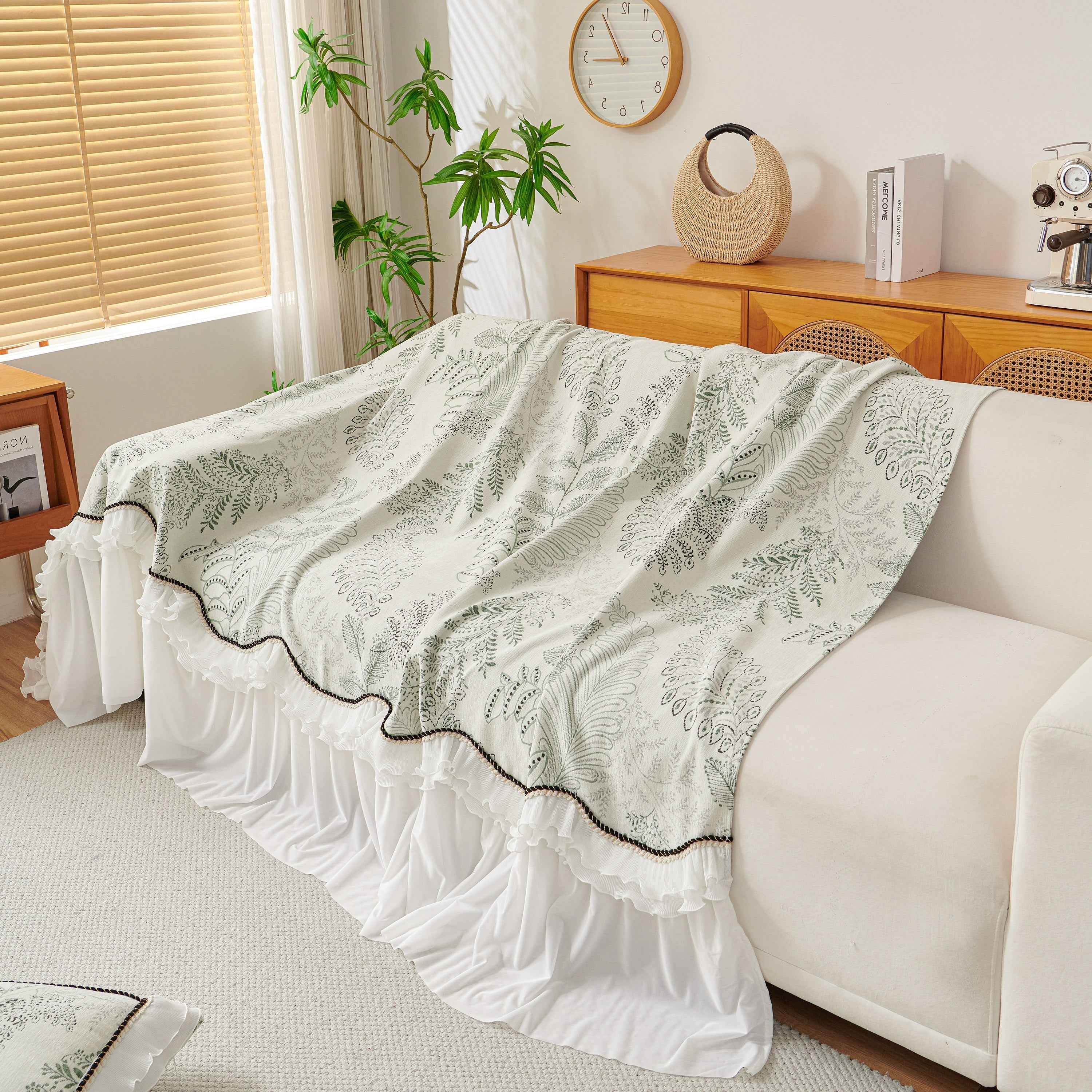 Farmhouse Ruffled Lace Sofa Slipcover Vintage Furniture Protector with Botanical Print