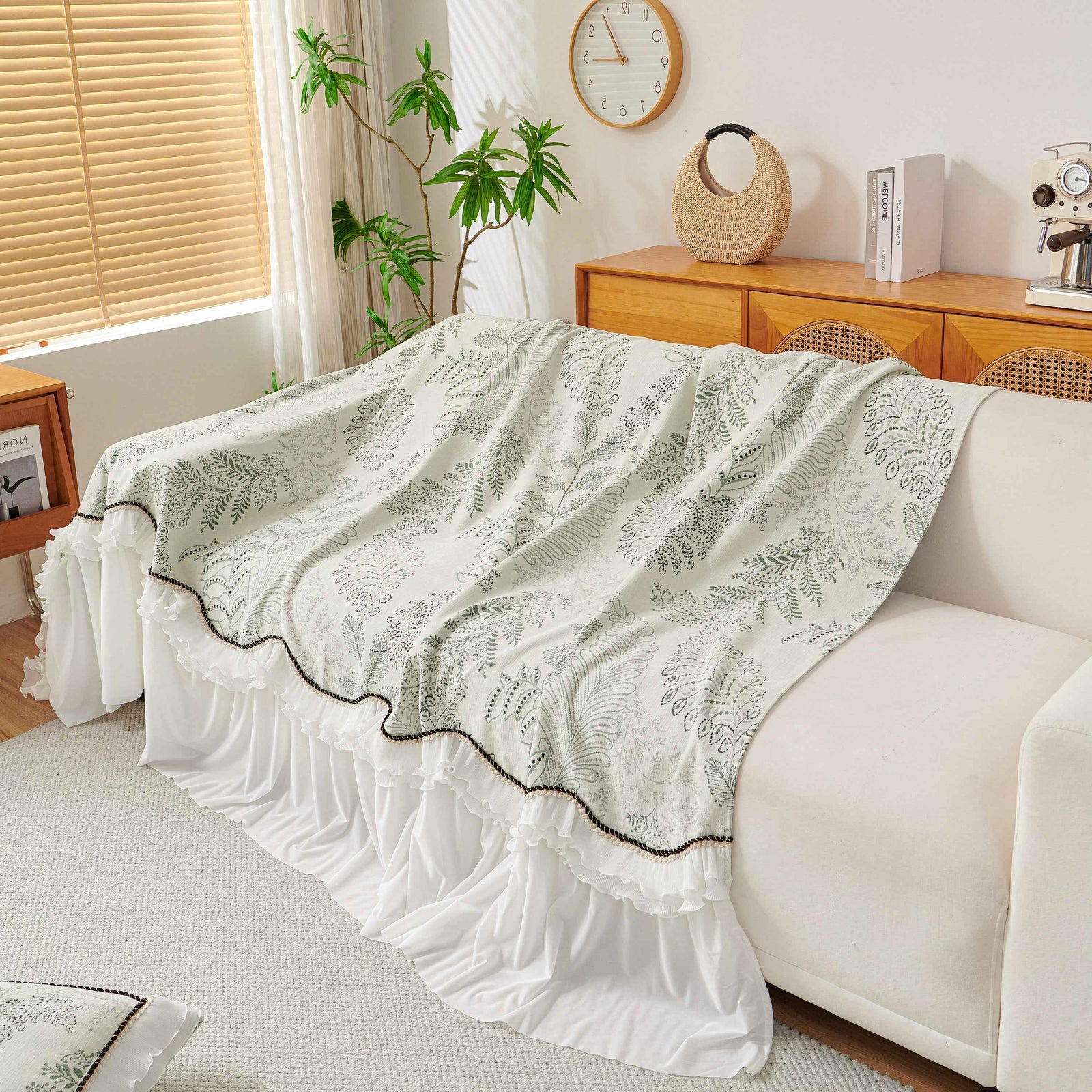Farmhouse Ruffled Lace Sofa Slipcover Vintage Furniture Protector with Botanical Print