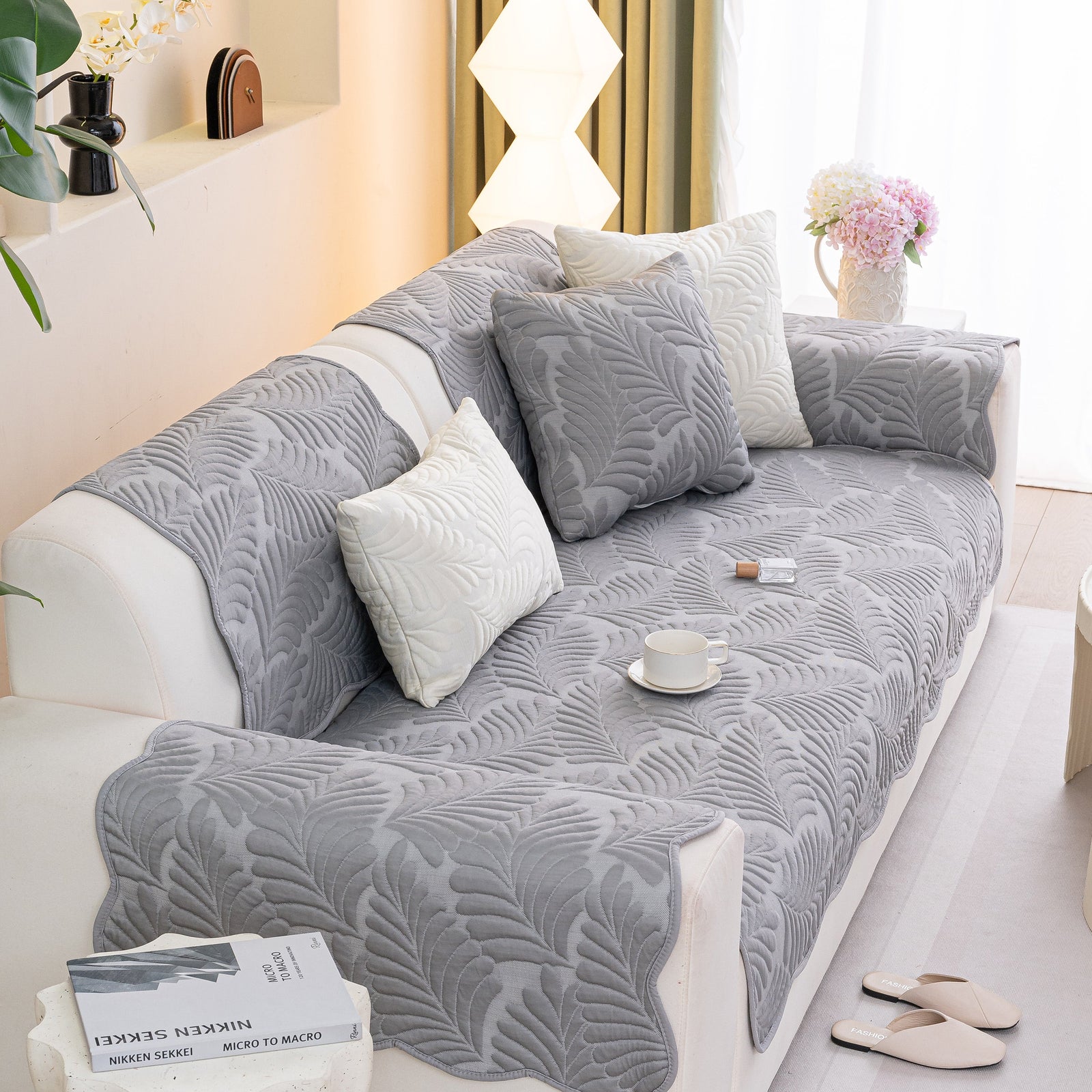 Sofa Cover for Leather & Fabric Couches, 3D Leaf Embossed Quilted Furniture Covers