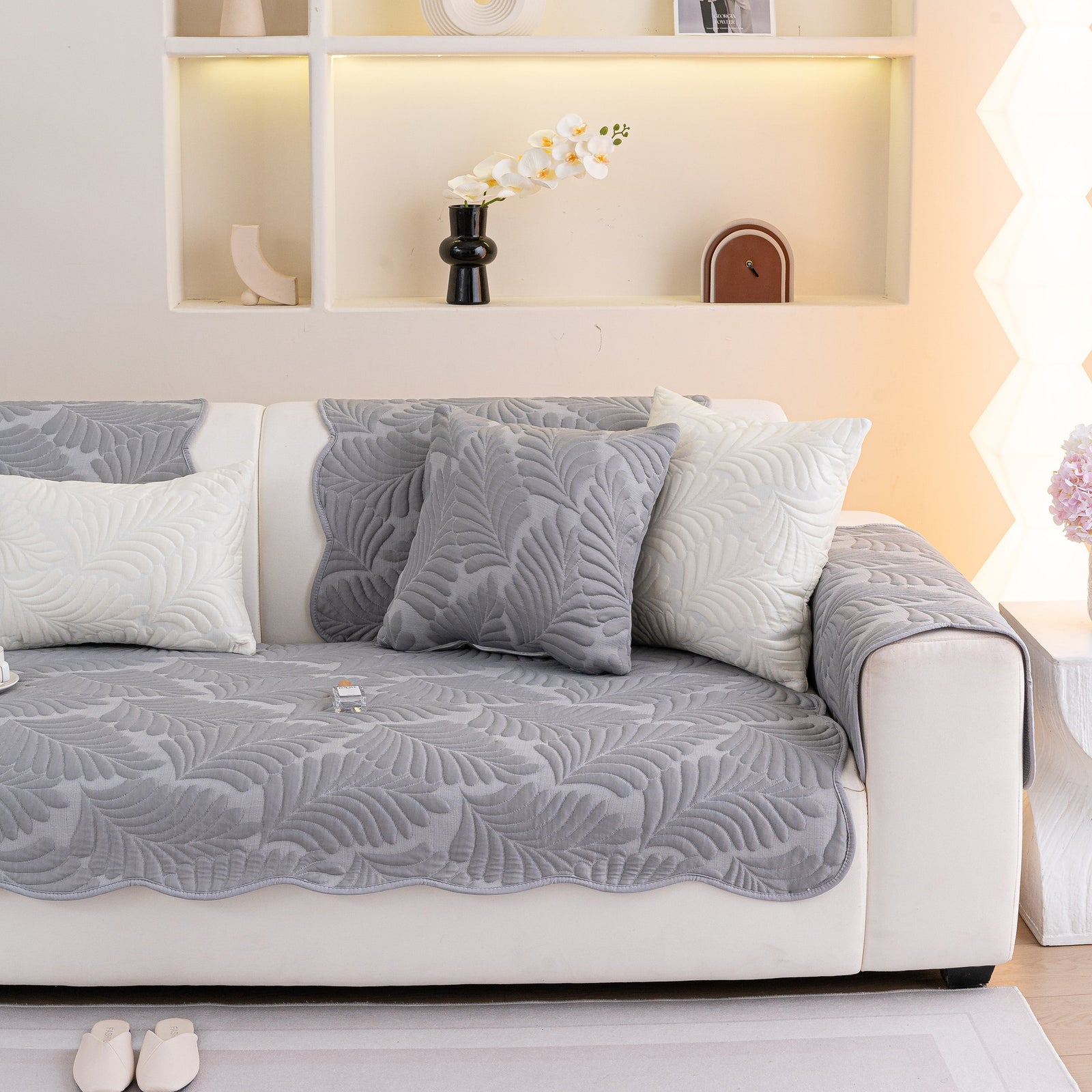 Sofa Cover for Leather & Fabric Couches, 3D Leaf Embossed Quilted Furniture Covers
