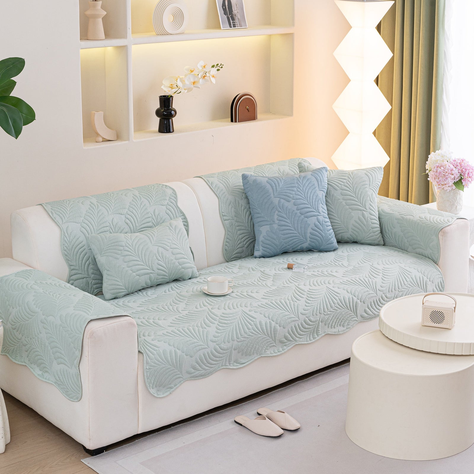 Sofa Cover for Leather & Fabric Couches, 3D Leaf Embossed Quilted Furniture Covers