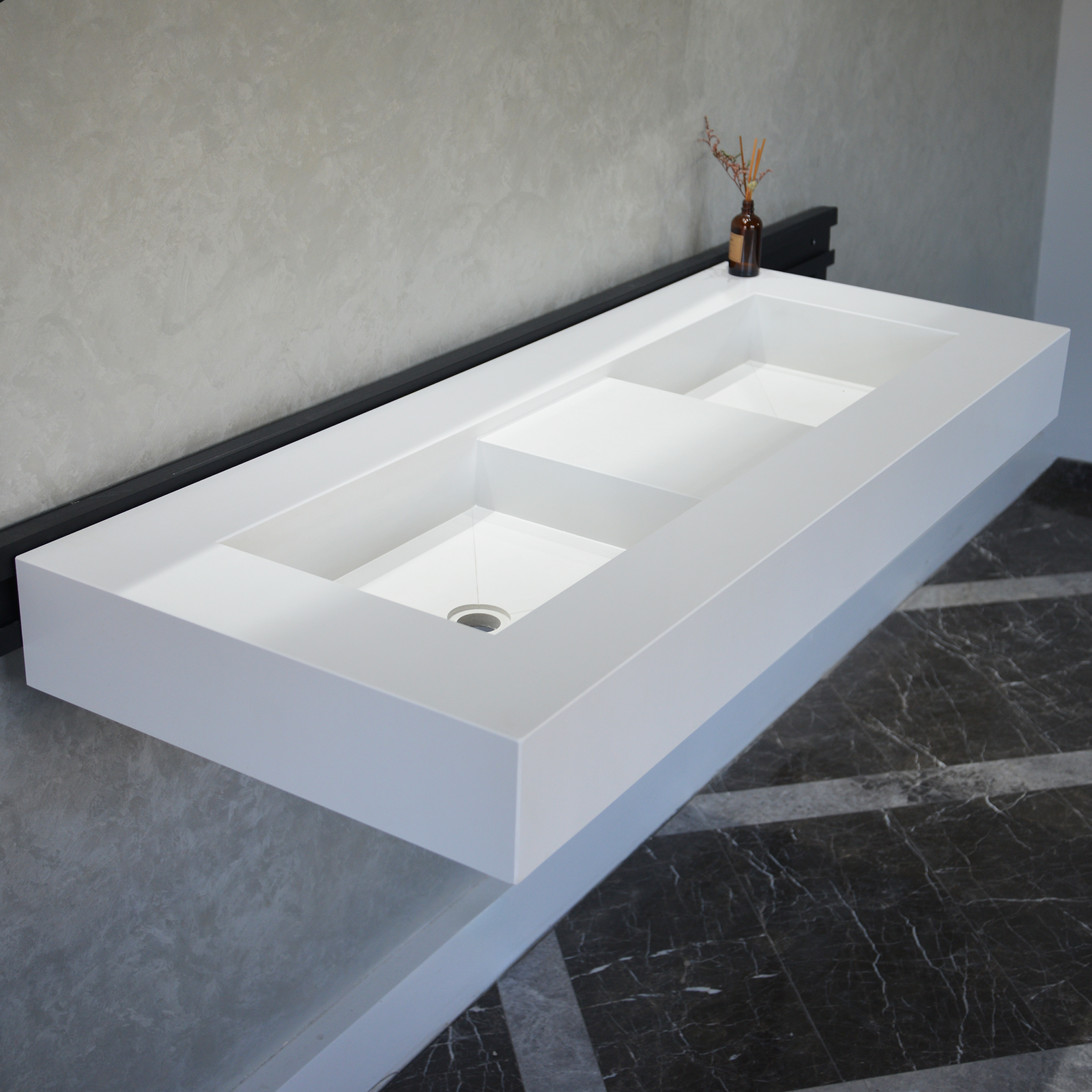 Handcrafted Custom White Quartz Double Sink (Qu-081)