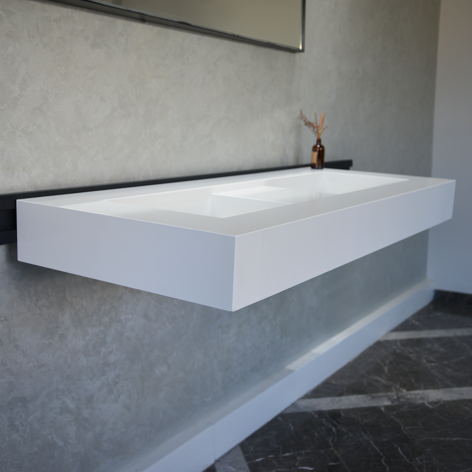 Handcrafted Custom White Quartz Double Sink (Qu-081)