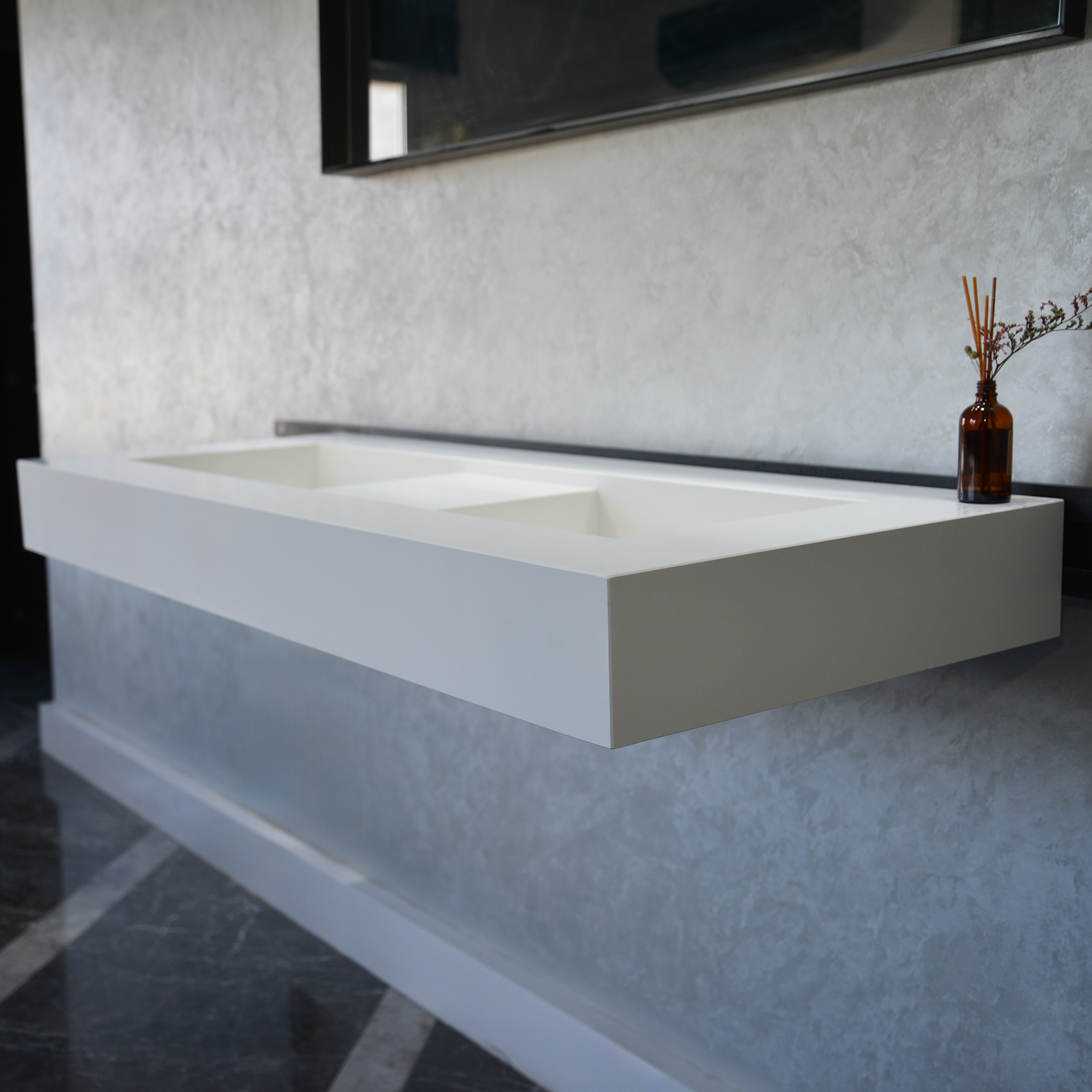 Handcrafted Custom White Quartz Double Sink (Qu-081)