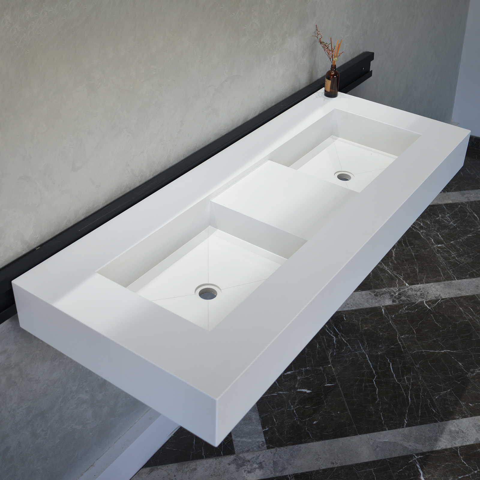 Handcrafted Custom White Quartz Double Sink (Qu-081)