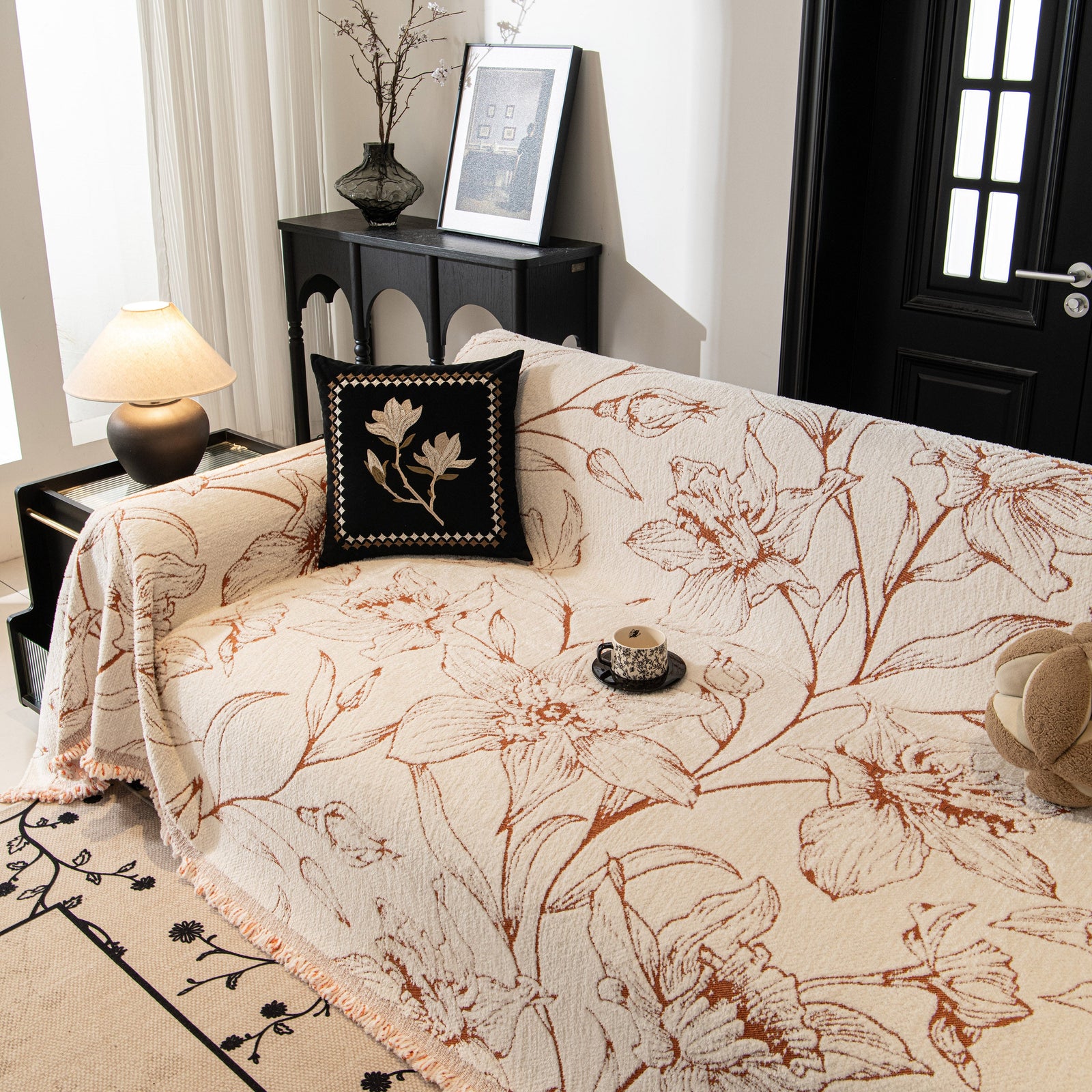 Large Floral Sofa Cover Throw Blanket, Plush Jacquard Non-Shedding Couch Cover for Pets