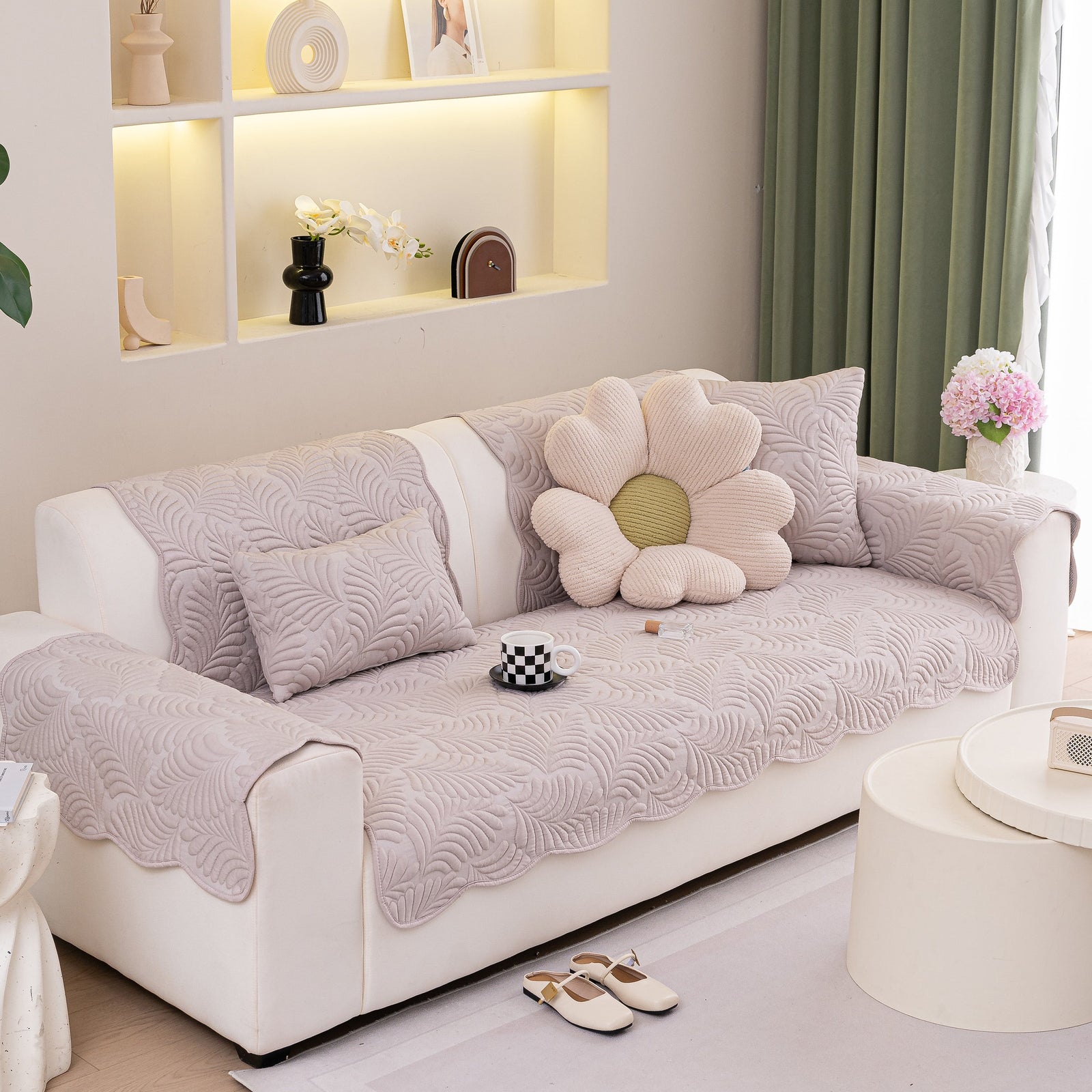 Sofa Cover for Leather & Fabric Couches, 3D Leaf Embossed Quilted Furniture Covers