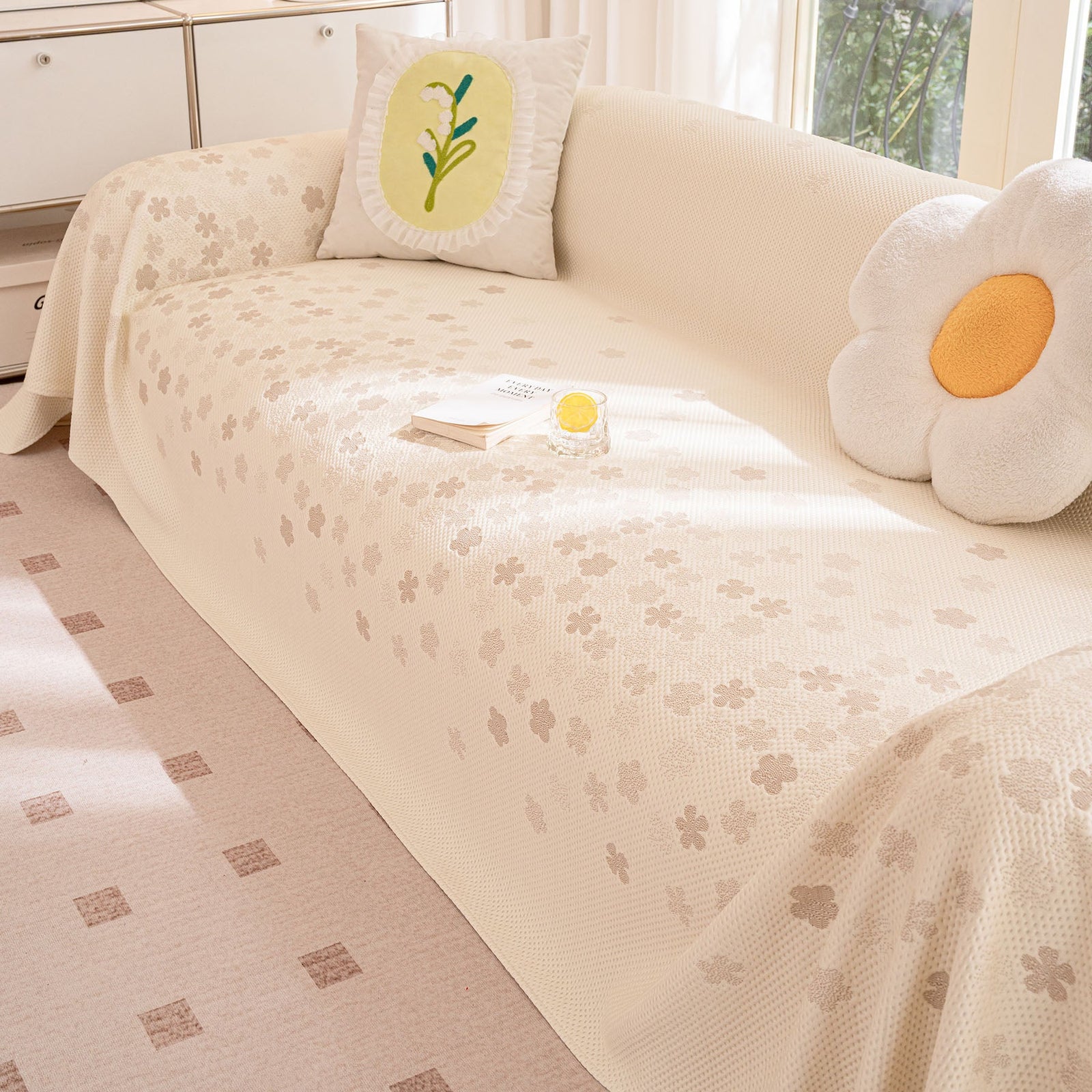 Cooling Ice Silk Sofa Cover Blanket, Floral Soft Silky Breathable Couch Throw Cover