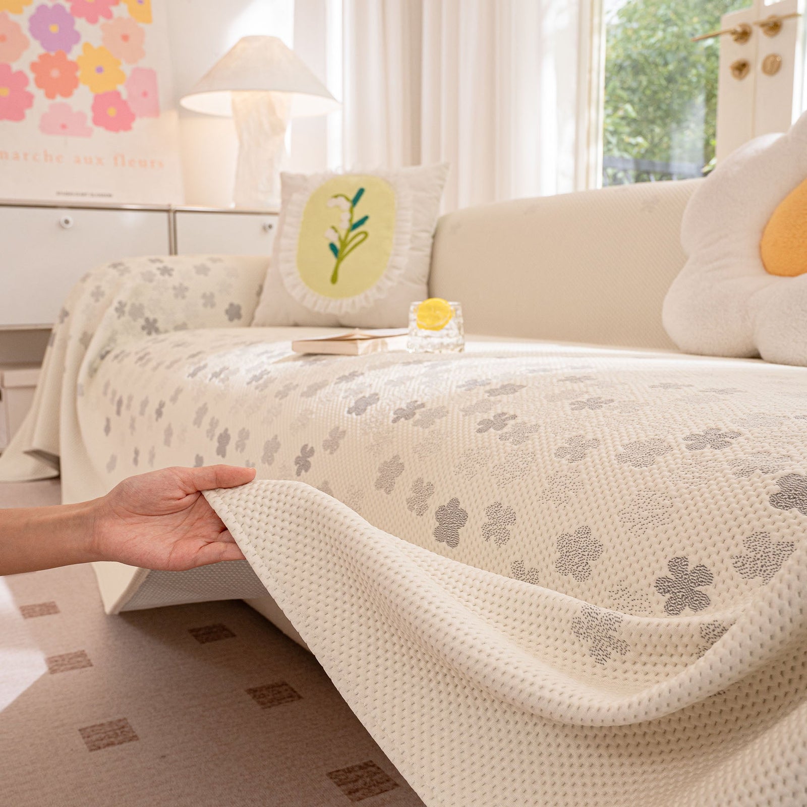 Cooling Ice Silk Sofa Cover Blanket, Floral Soft Silky Breathable Couch Throw Cover