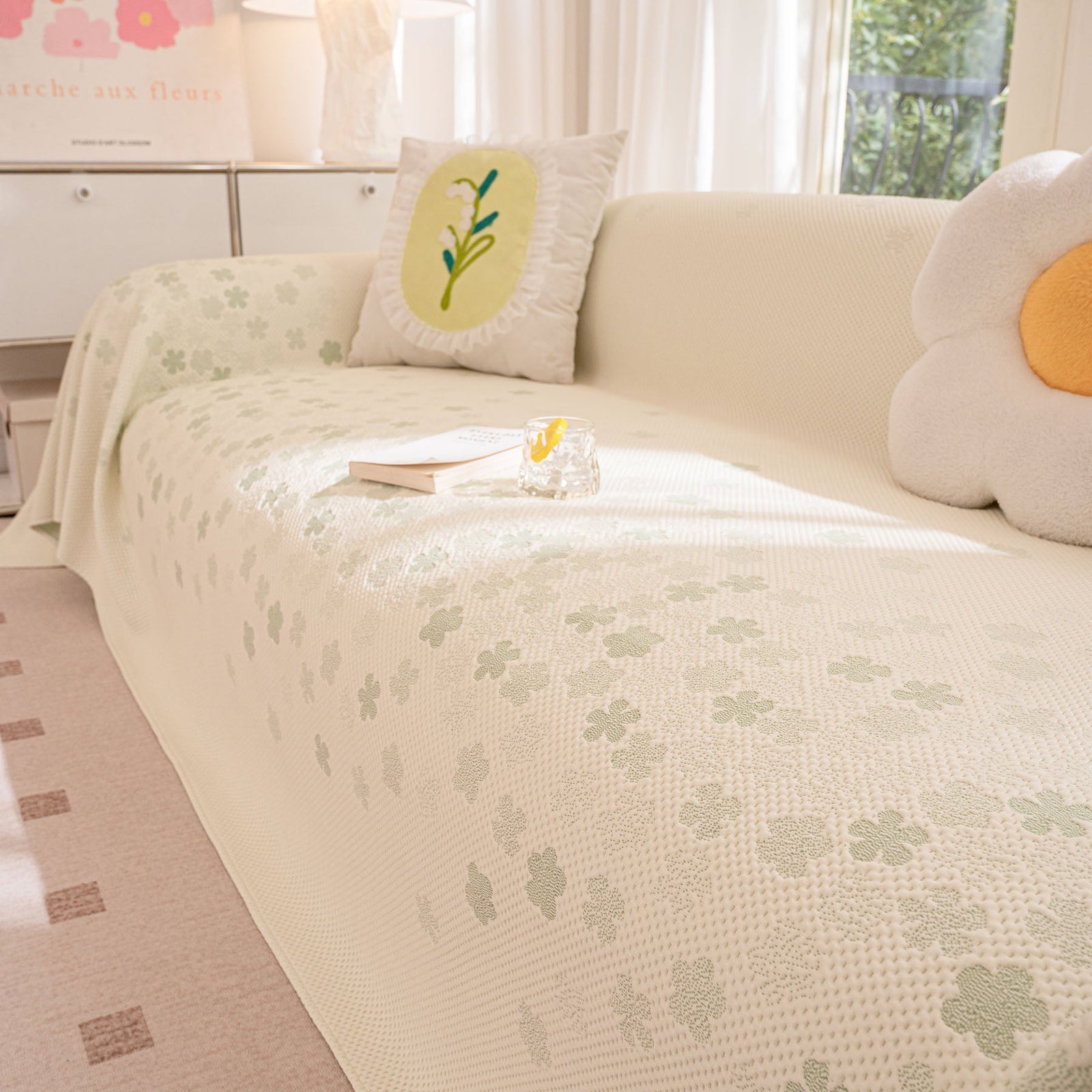 Cooling Ice Silk Sofa Cover Blanket, Floral Soft Silky Breathable Couch Throw Cover