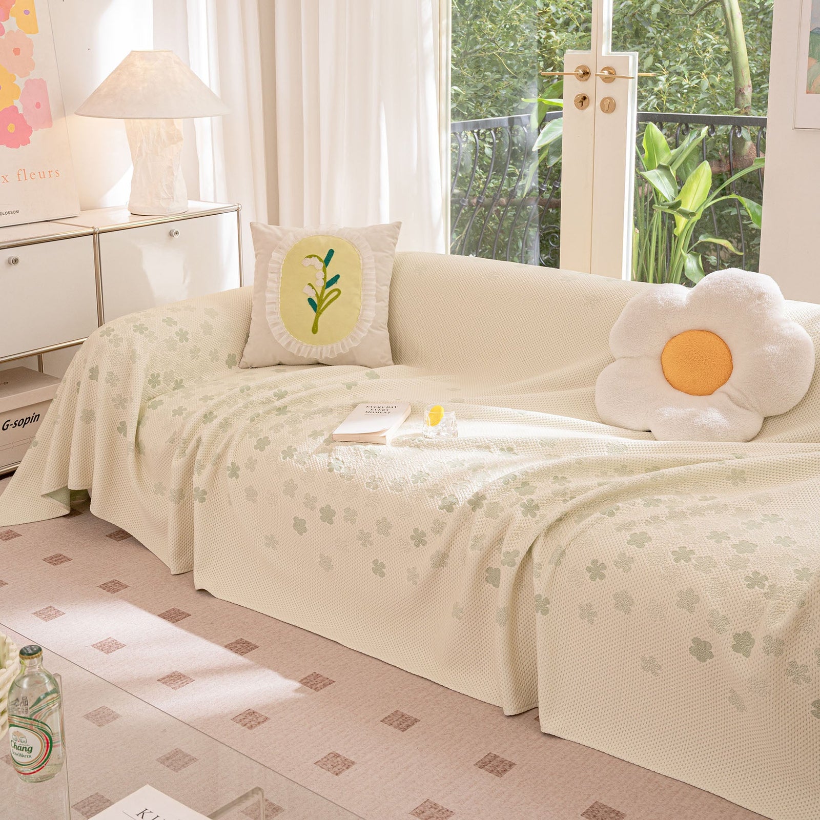 Cooling Ice Silk Sofa Cover Blanket, Floral Soft Silky Breathable Couch Throw Cover