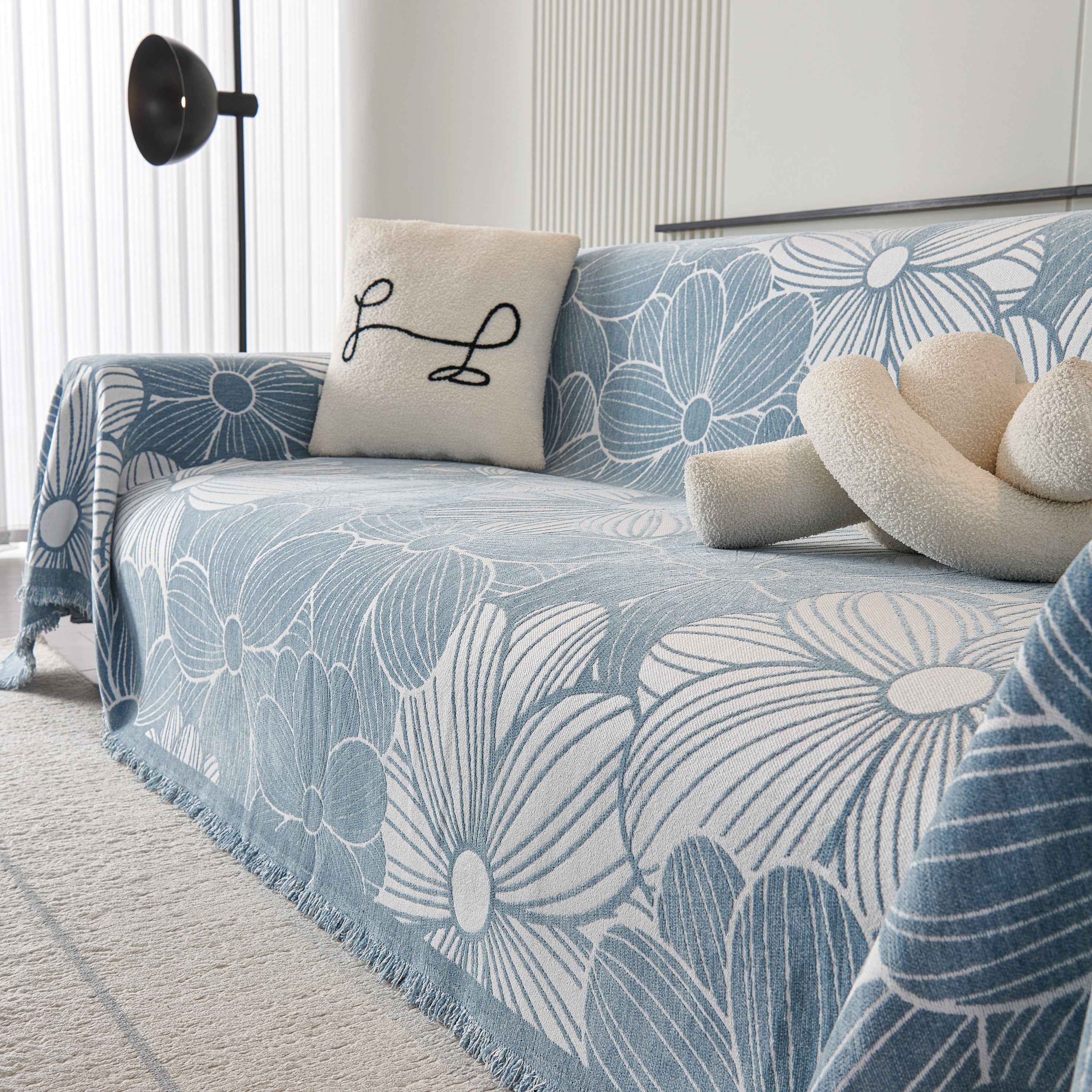 Chenille Jacquard Sofa Throw Cover with Tassels, All-Season Furniture Protector for Home and Office