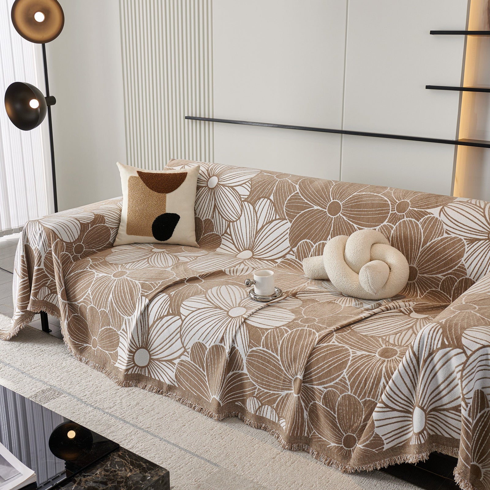 Chenille Jacquard Sofa Throw Cover with Tassels, All-Season Furniture Protector for Home and Office