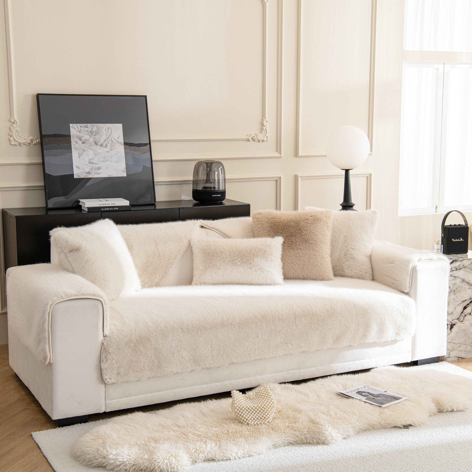 Faux Mink Velvet Luxury Fluffy Sofa Cushion, Winter Warm Thick Plush Non-slip Sofa Covers