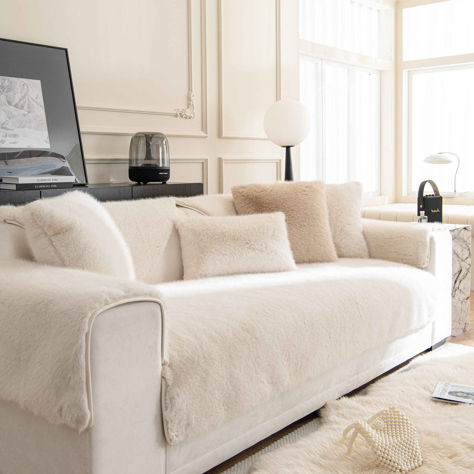 Faux Mink Velvet Luxury Fluffy Sofa Cushion, Winter Warm Thick Plush Non-slip Sofa Covers