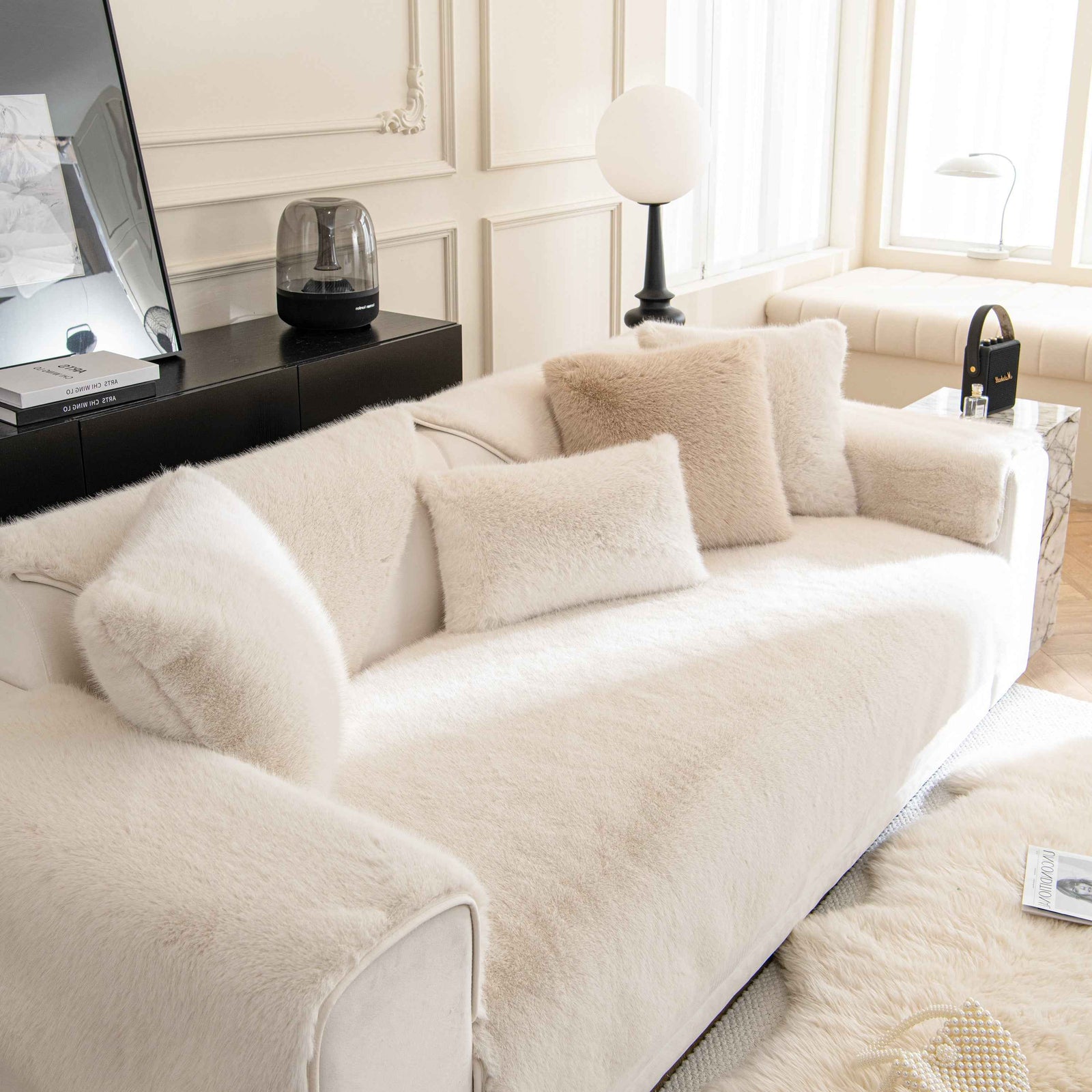 Faux Mink Velvet Luxury Fluffy Sofa Cushion, Winter Warm Thick Plush Non-slip Sofa Covers