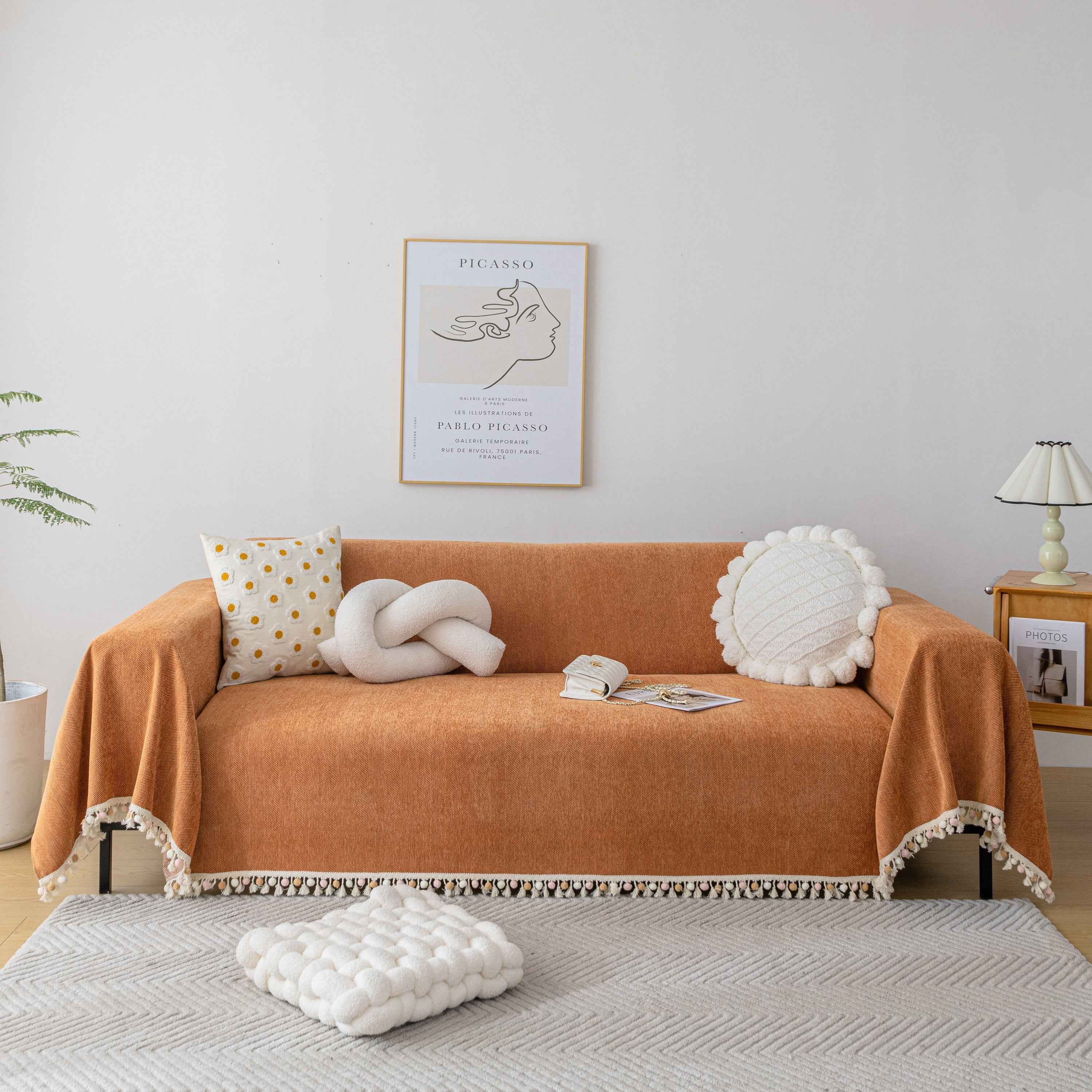 Boho Herringbone Sofa Throw Blanket with Pom Pom Tassels Stylish Furniture Slipcover