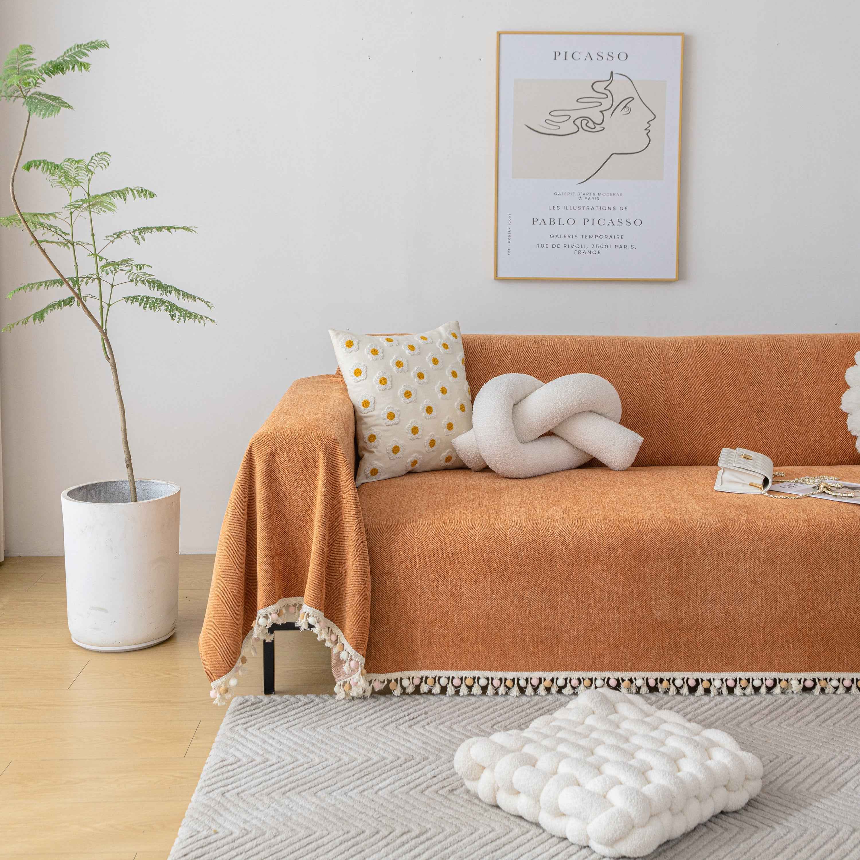 Boho Herringbone Sofa Throw Blanket with Pom Pom Tassels Stylish Furniture Slipcover