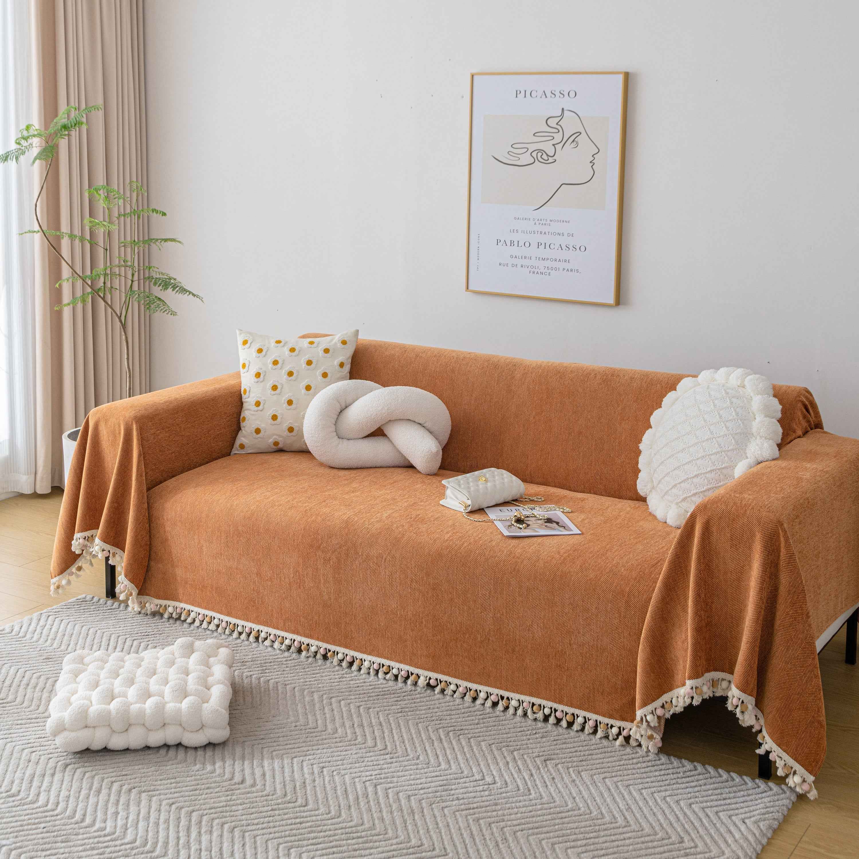 Boho Herringbone Sofa Throw Blanket with Pom Pom Tassels Stylish Furniture Slipcover