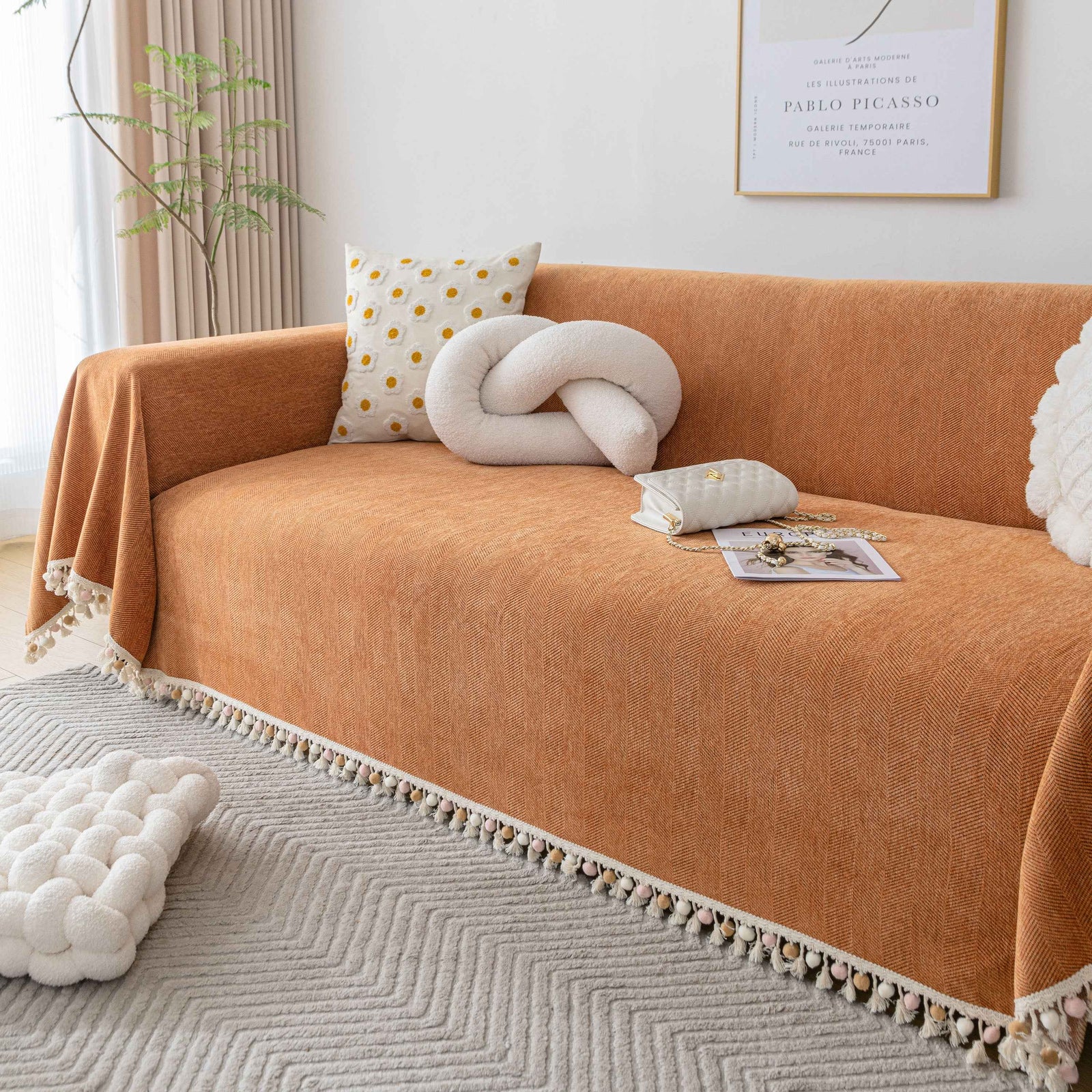 Boho Herringbone Sofa Throw Blanket with Pom Pom Tassels Stylish Furniture Slipcover