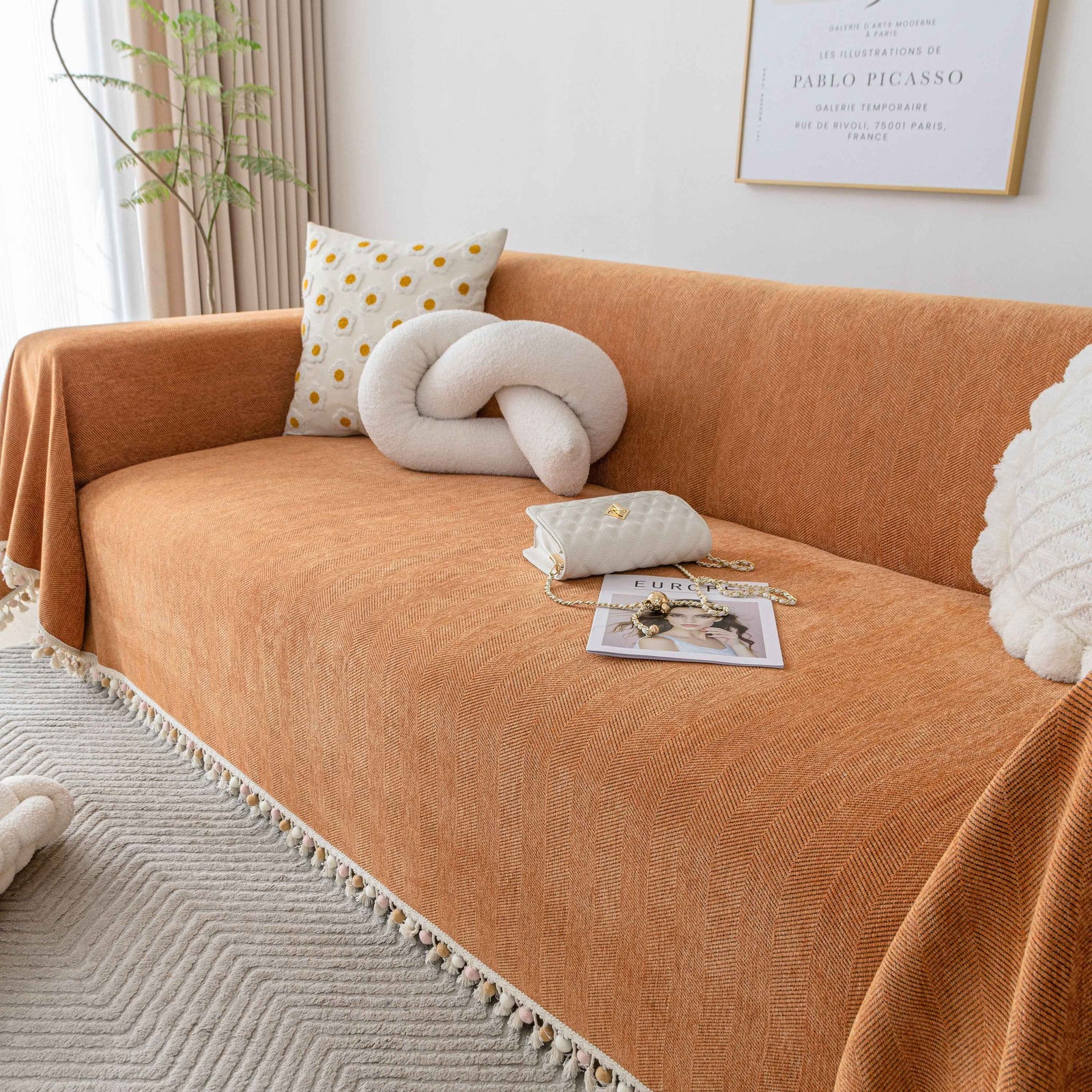 Boho Herringbone Sofa Throw Blanket with Pom Pom Tassels Stylish Furniture Slipcover