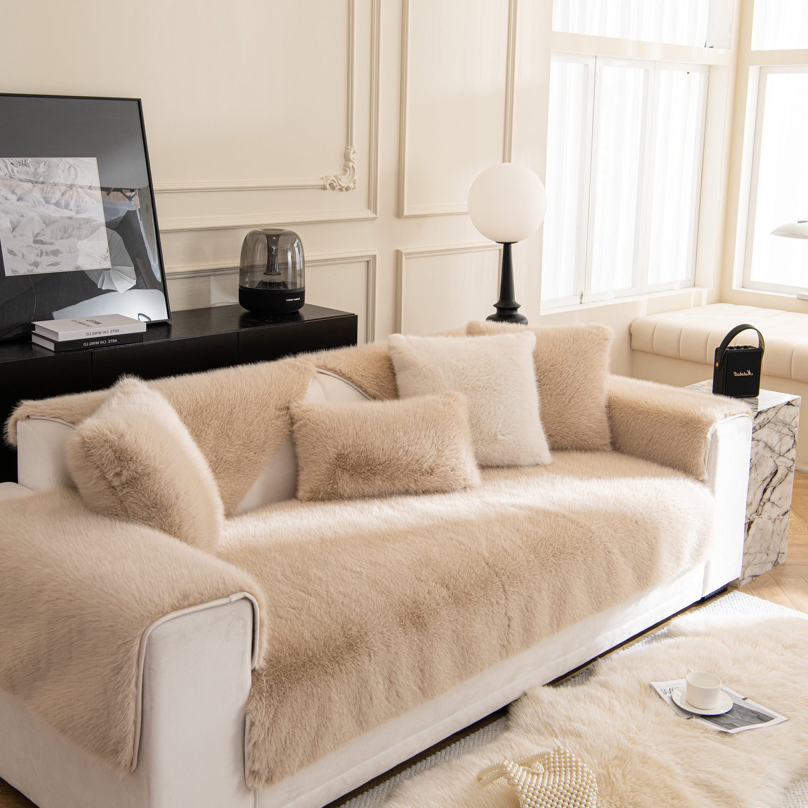 Faux Mink Velvet Luxury Fluffy Sofa Cushion, Winter Warm Thick Plush Non-slip Sofa Covers