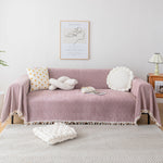 Couch Cover Sectional L Shape Chenille Herringbone Couch Throw Cover with Tassel Pom-Poms for Pets