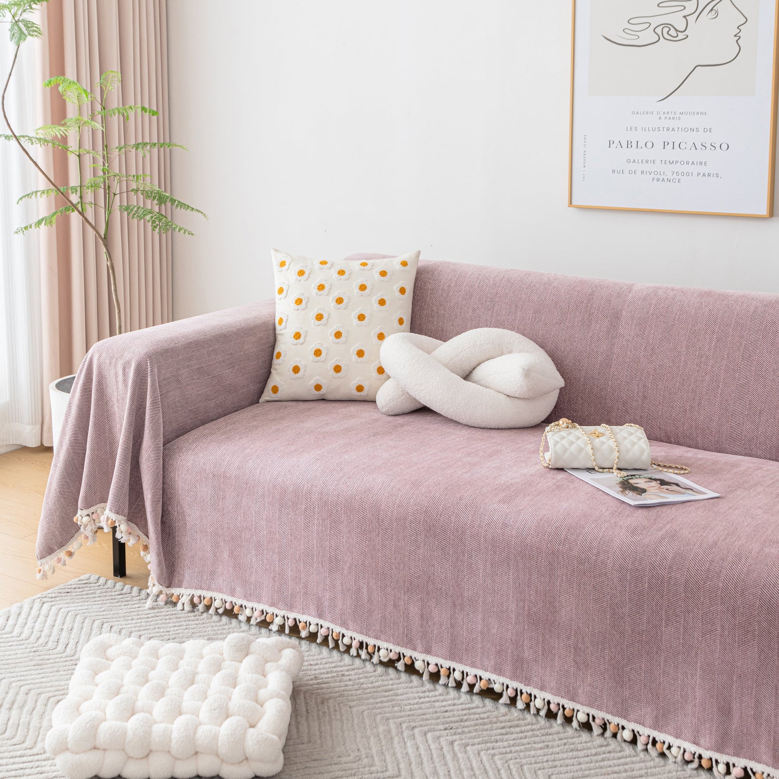 Couch Cover Sectional L Shape Chenille Herringbone Couch Throw Cover with Tassel Pom-Poms for Pets