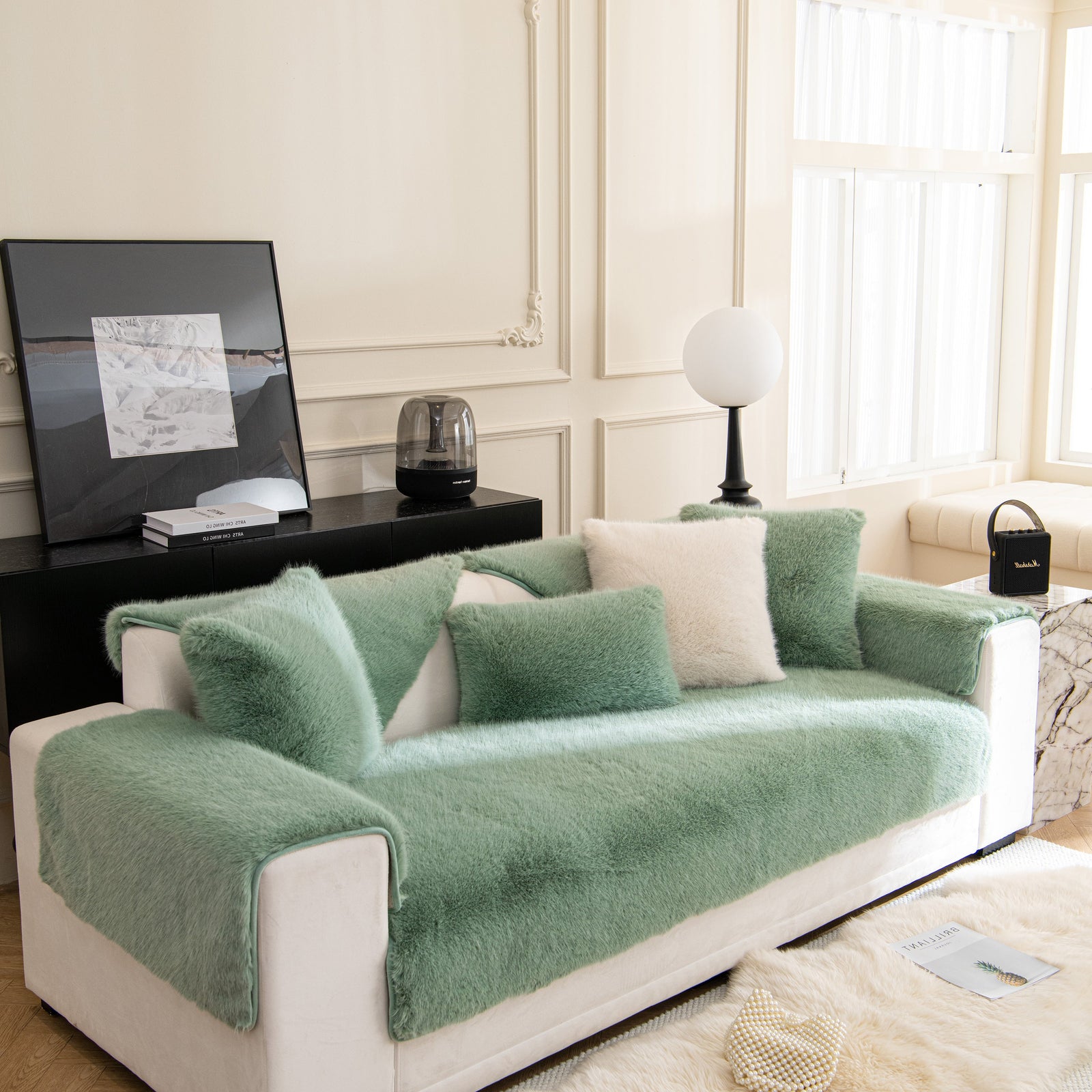 Faux Mink Velvet Luxury Fluffy Sofa Cushion, Winter Warm Thick Plush Non-slip Sofa Covers