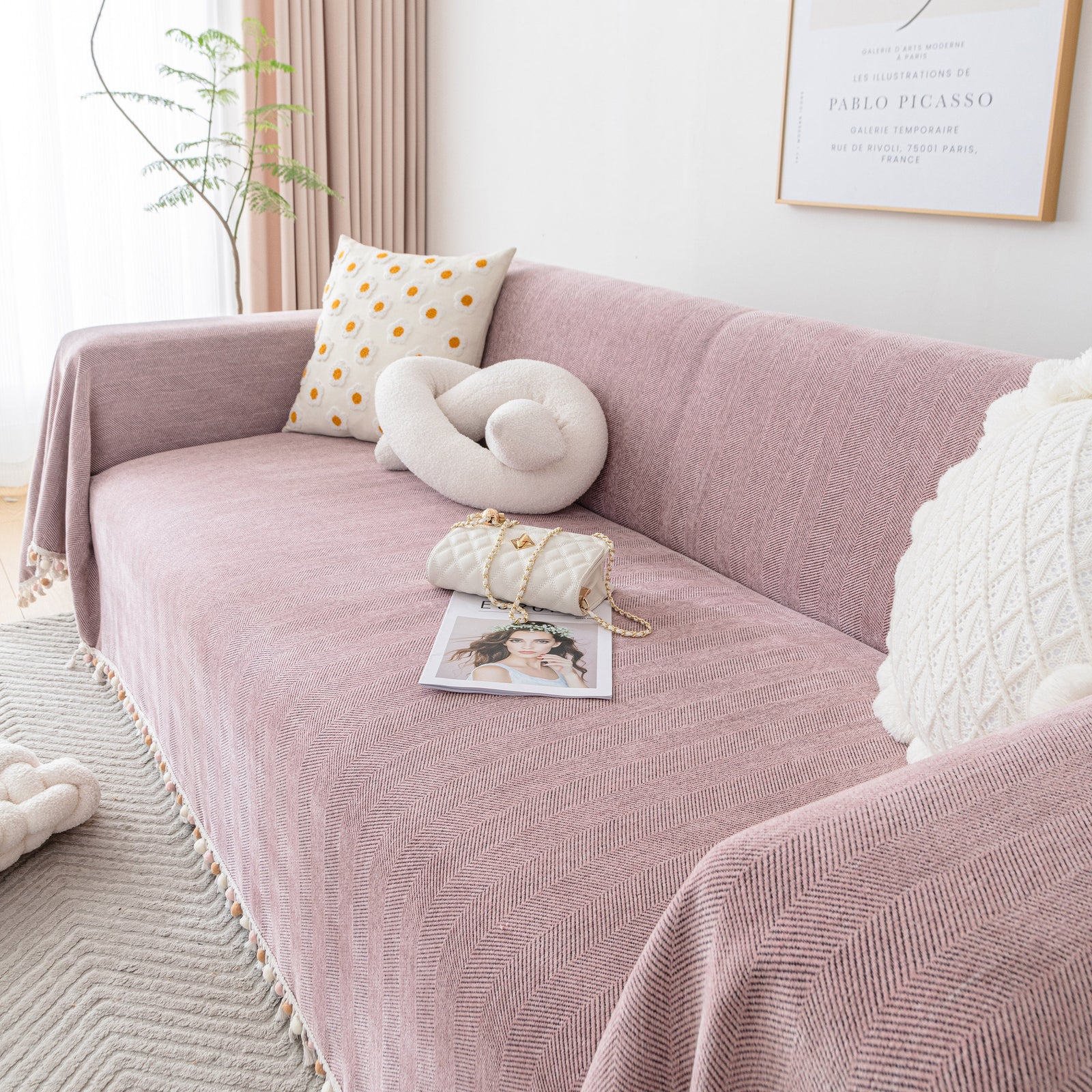 Boho Herringbone Sofa Throw Blanket with Pom Pom Tassels Stylish Furniture Slipcover
