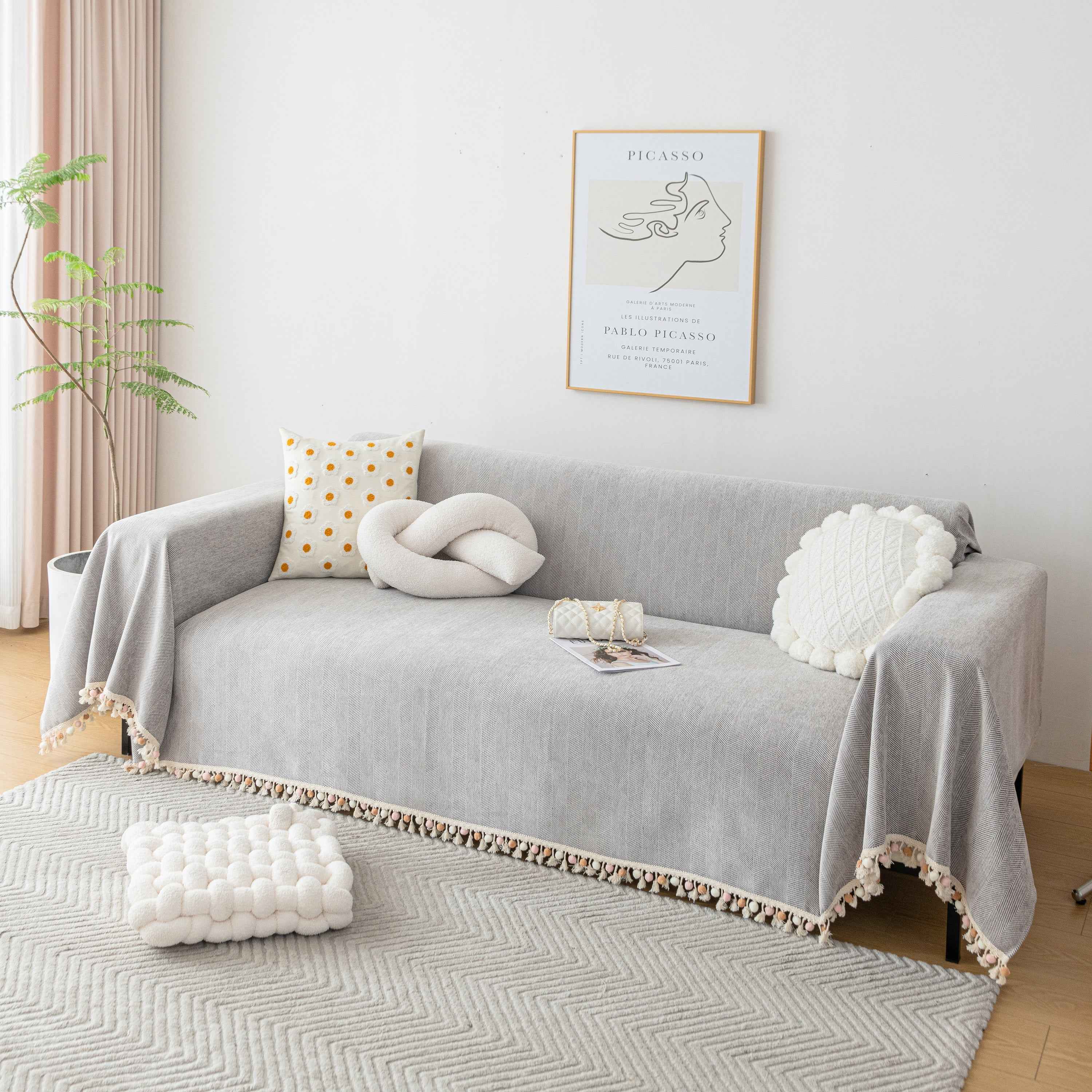 Boho Herringbone Sofa Throw Blanket with Pom Pom Tassels Stylish Furniture Slipcover