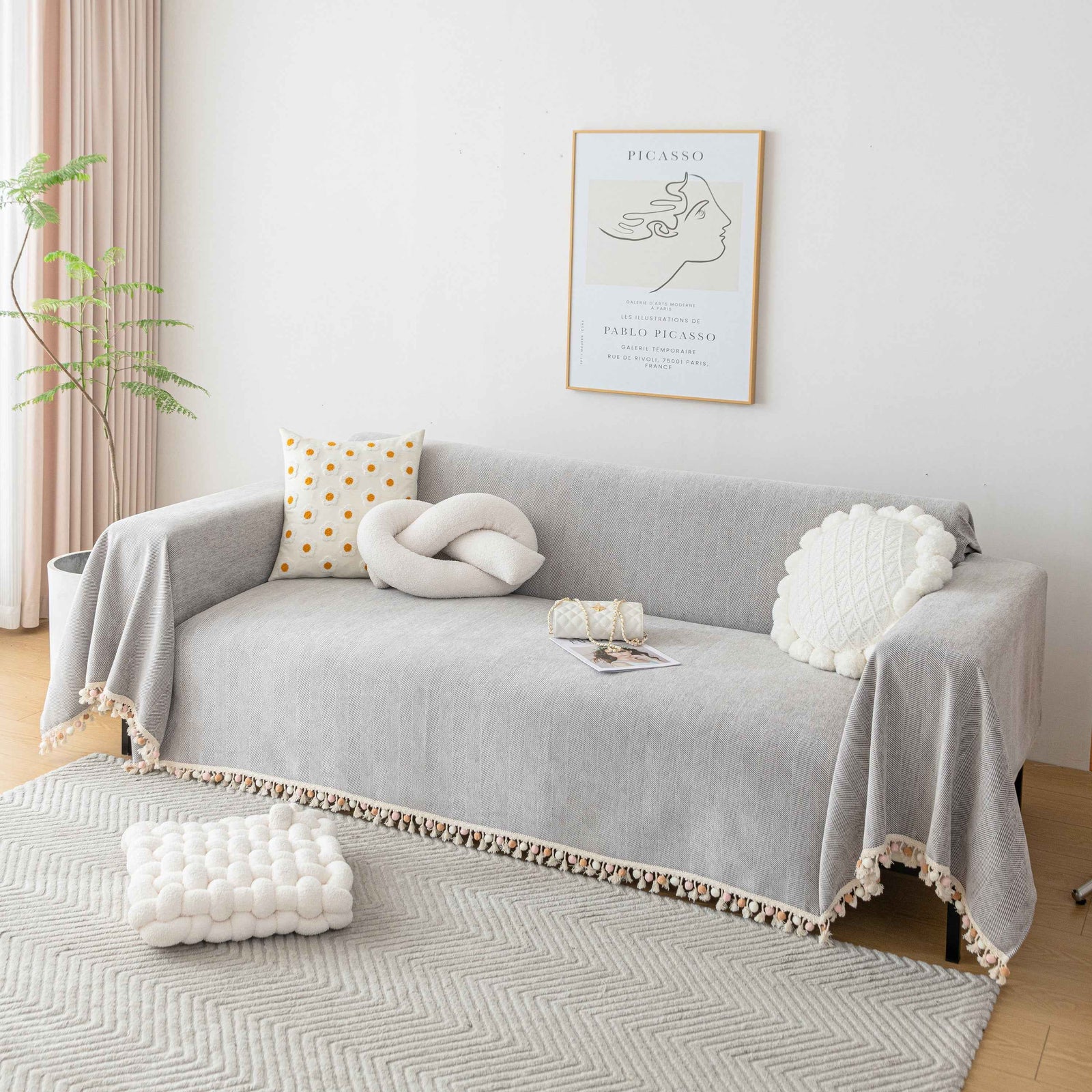 Boho Herringbone Sofa Throw Blanket with Pom Pom Tassels Stylish Furniture Slipcover