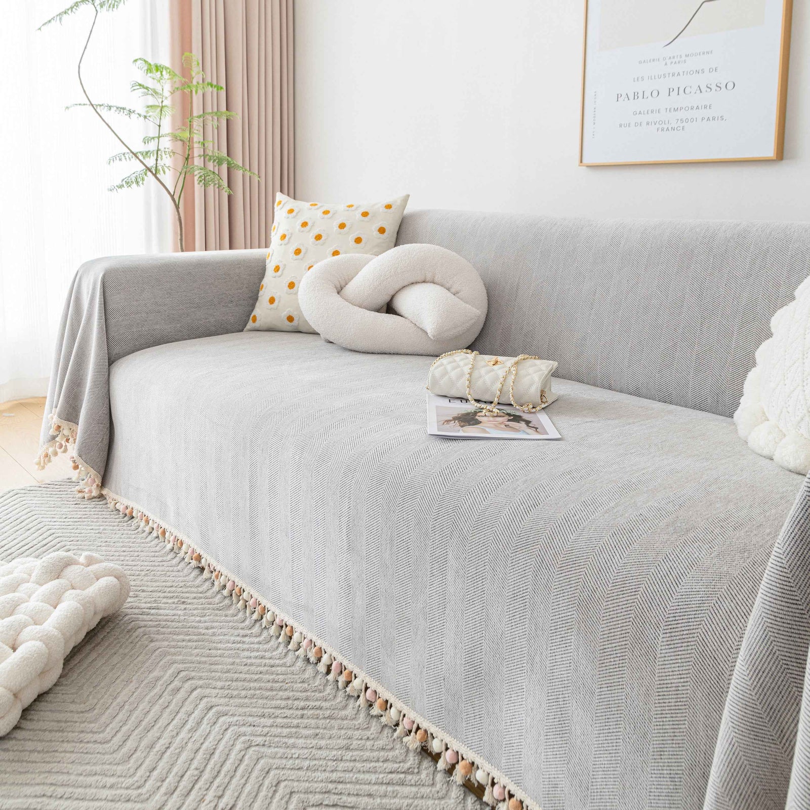 Boho Herringbone Sofa Throw Blanket with Pom Pom Tassels Stylish Furniture Slipcover