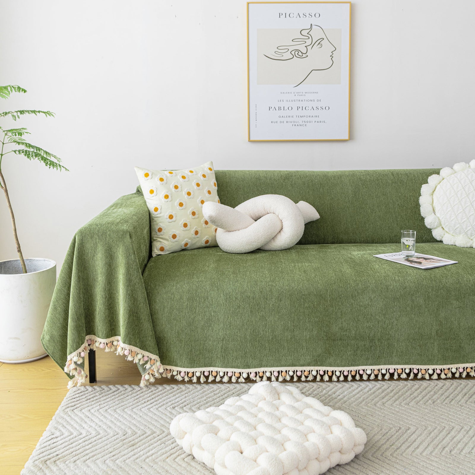 Couch Cover Sectional L Shape Chenille Herringbone Couch Throw Cover with Tassel Pom-Poms for Pets