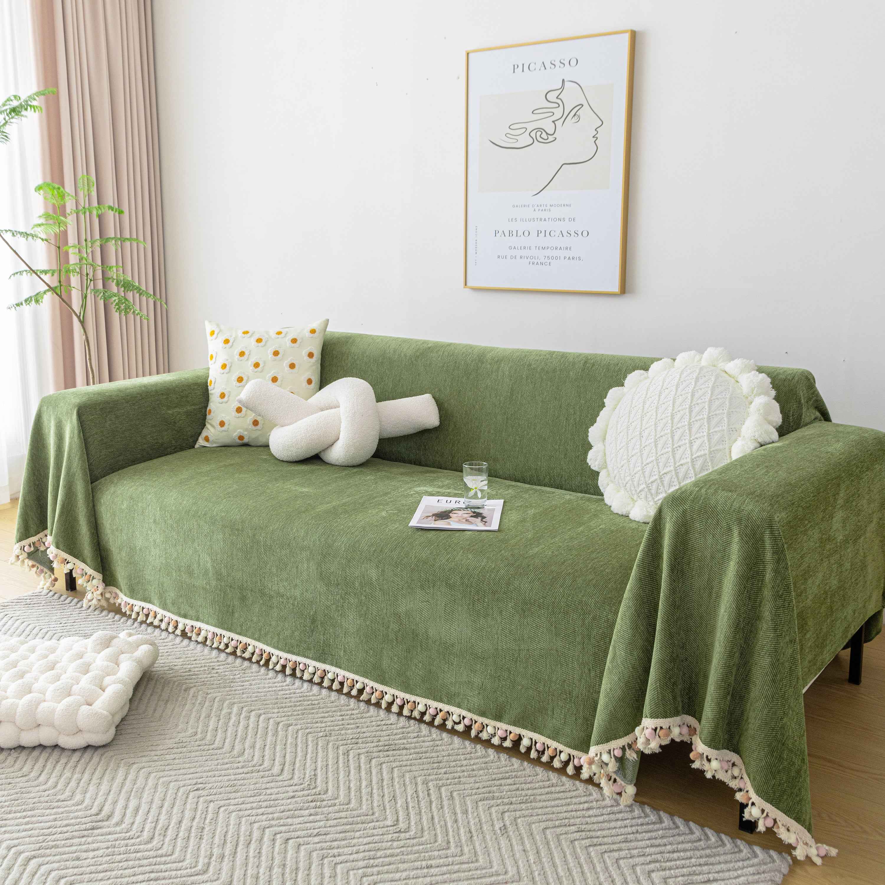 Couch Cover Sectional L Shape Chenille Herringbone Couch Throw Cover with Tassel Pom-Poms for Pets