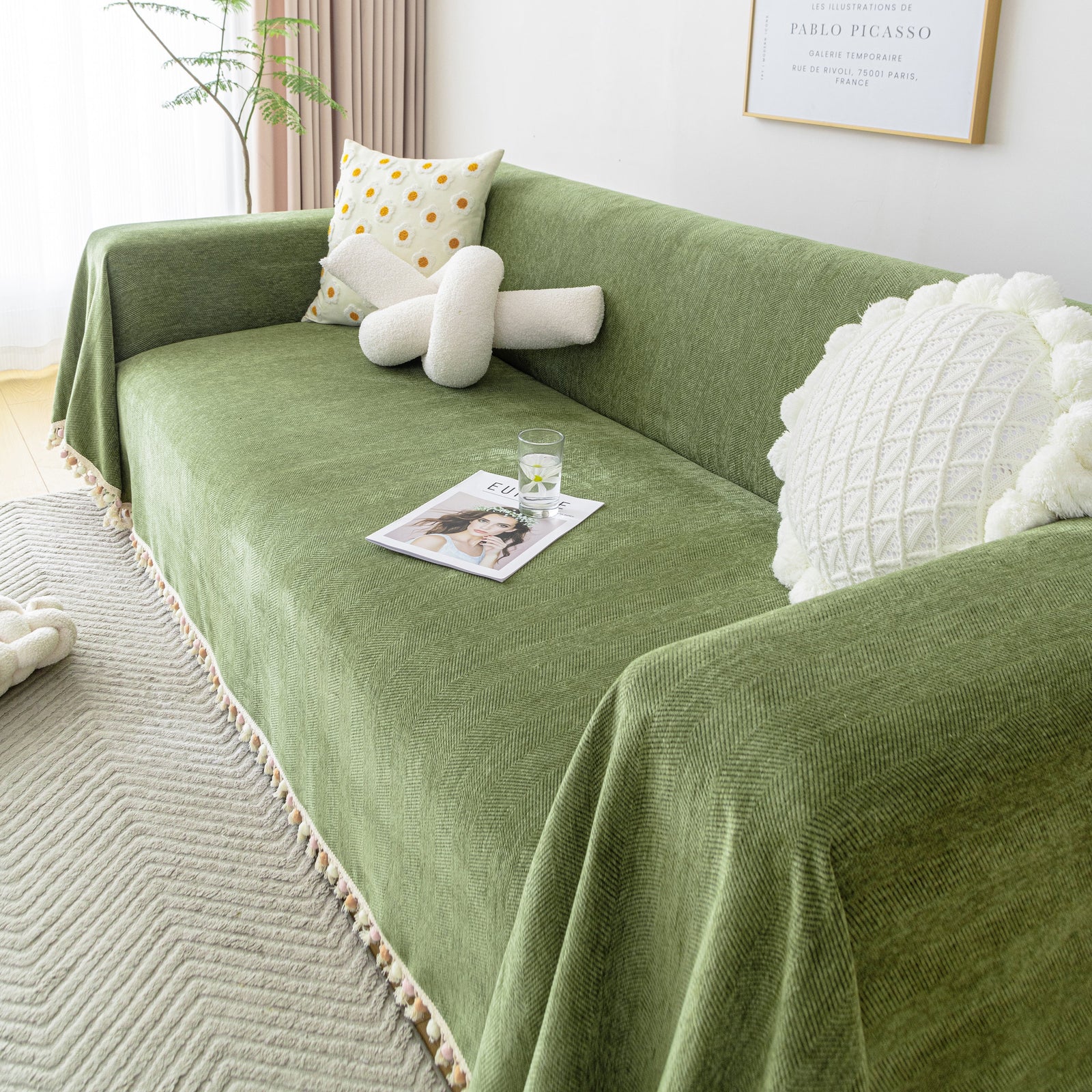 Couch Cover Sectional L Shape Chenille Herringbone Couch Throw Cover with Tassel Pom-Poms for Pets