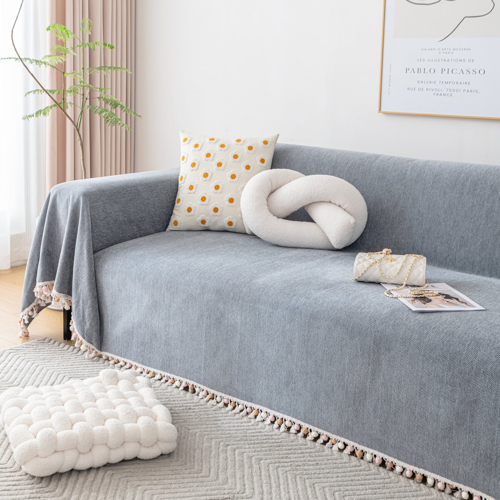 Couch Cover Sectional L Shape Chenille Herringbone Couch Throw Cover with Tassel Pom-Poms for Pets
