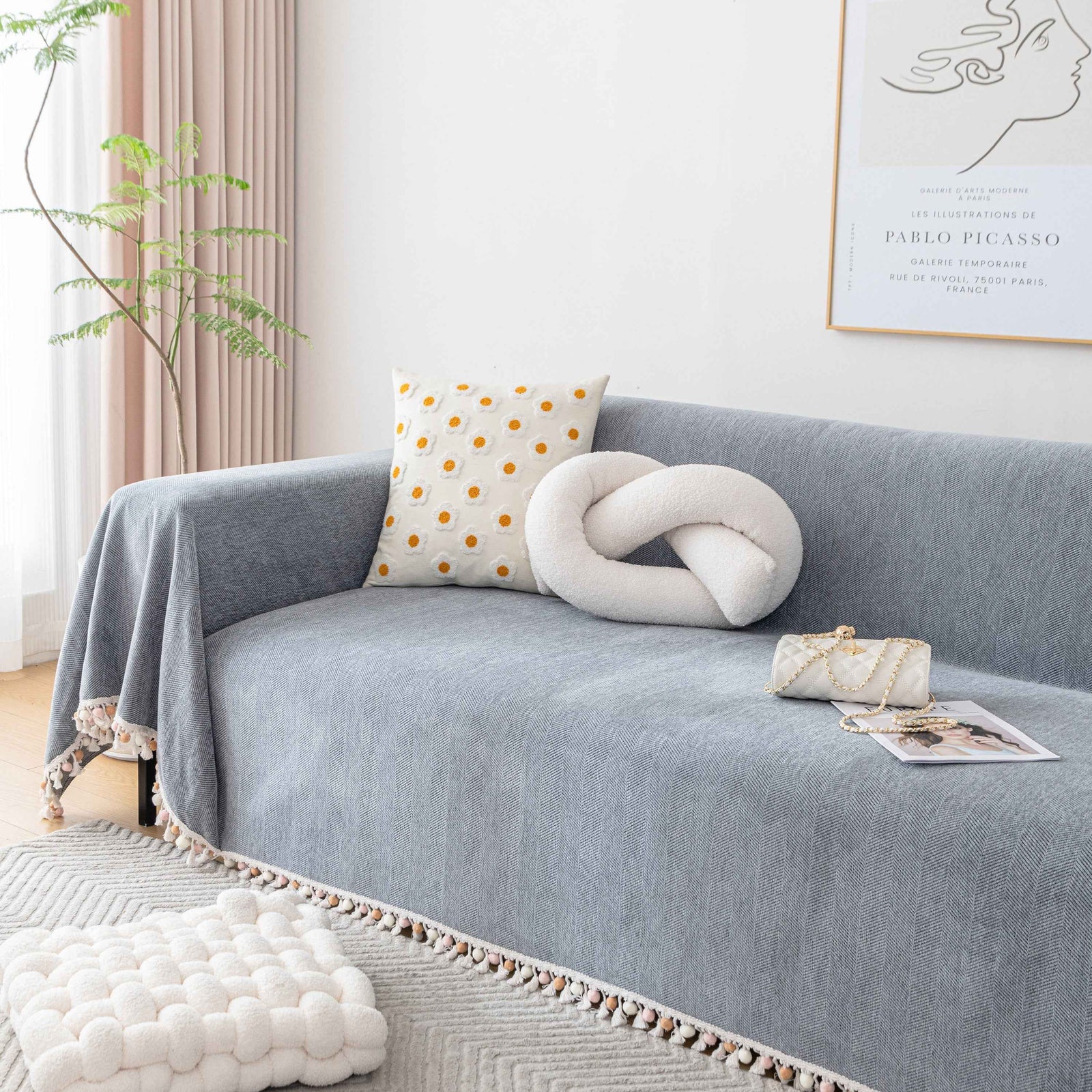 Boho Herringbone Sofa Throw Blanket with Pom Pom Tassels Stylish Furniture Slipcover