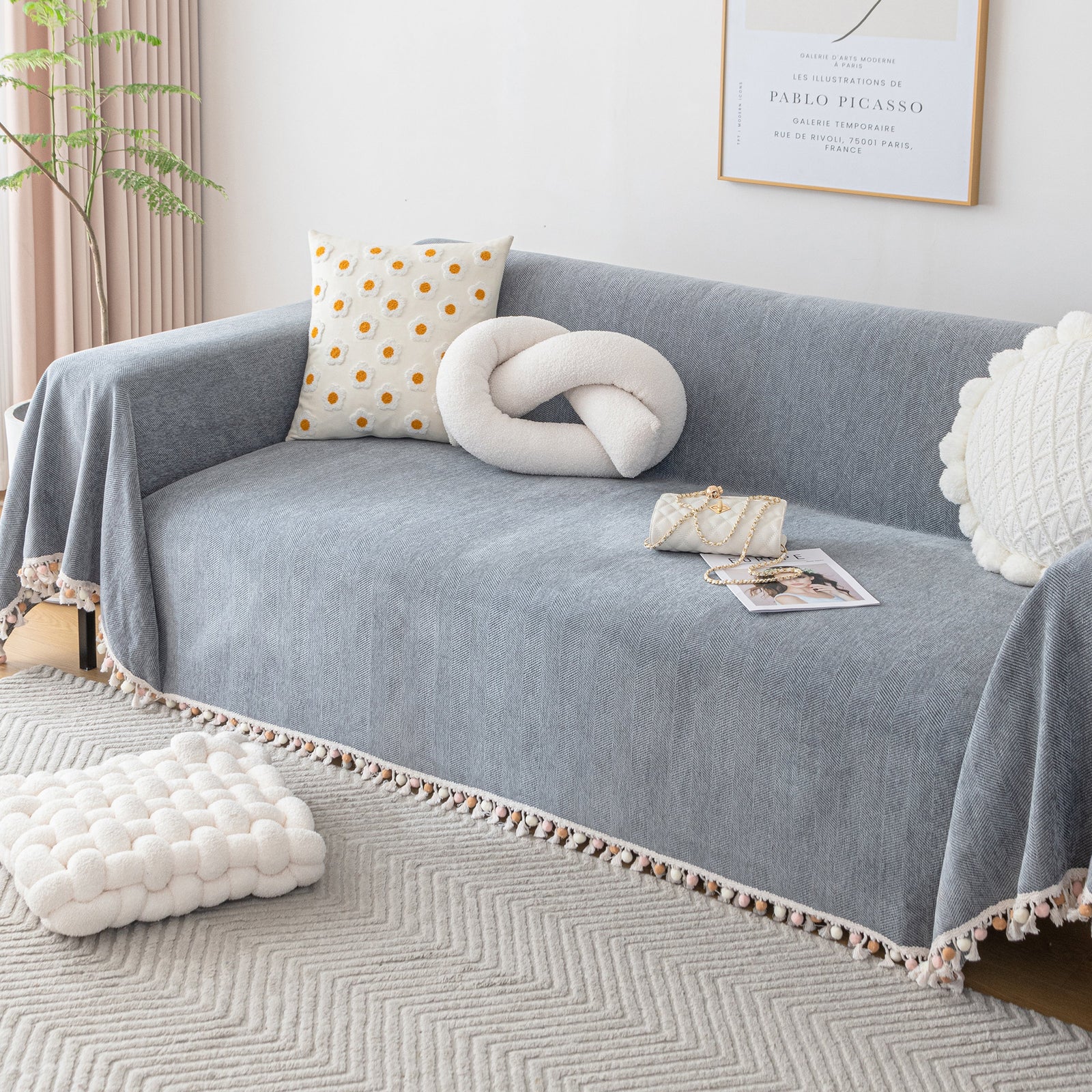Couch Cover Sectional L Shape Chenille Herringbone Couch Throw Cover with Tassel Pom-Poms for Pets