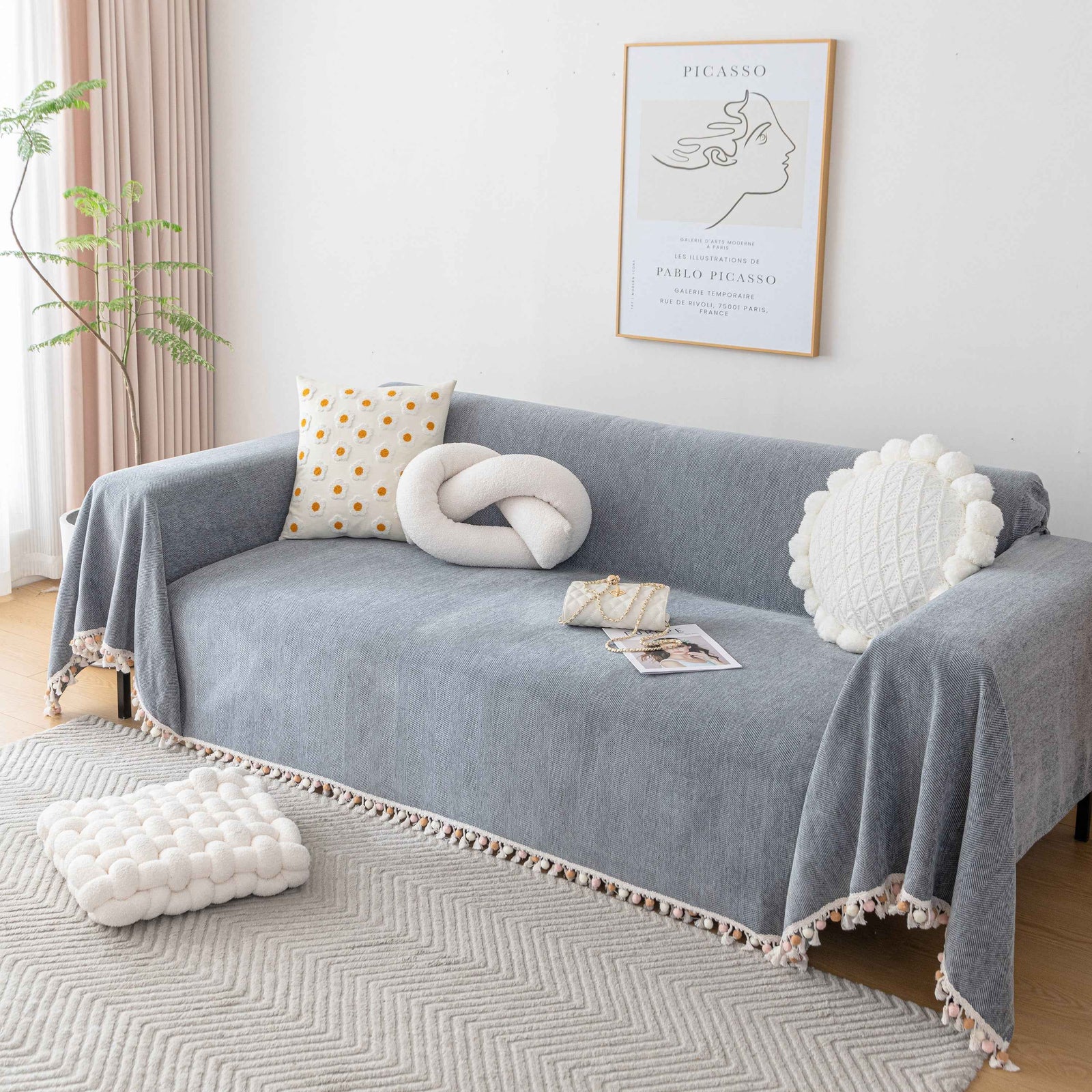 Boho Herringbone Sofa Throw Blanket with Pom Pom Tassels Stylish Furniture Slipcover