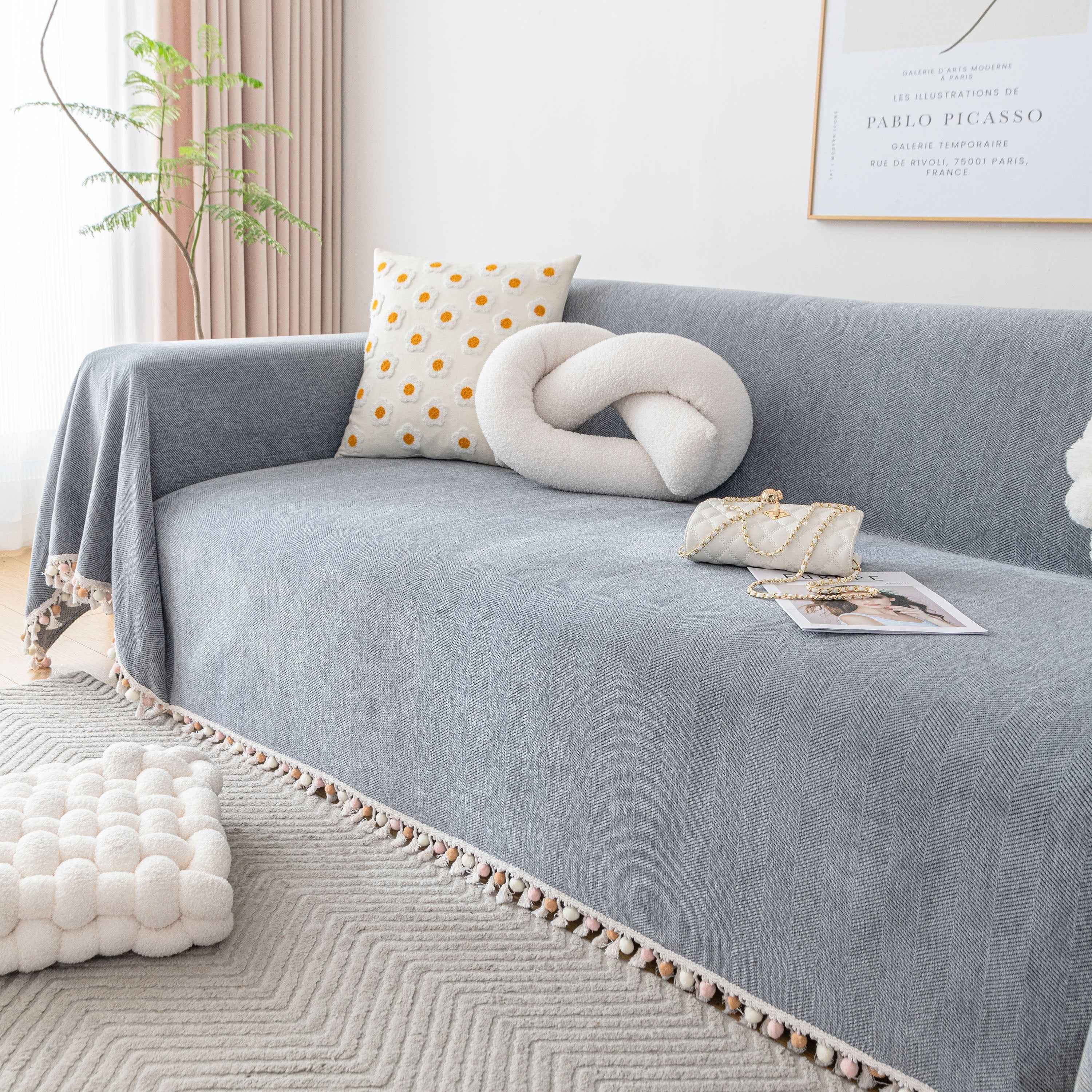 Boho Herringbone Sofa Throw Blanket with Pom Pom Tassels Stylish Furniture Slipcover