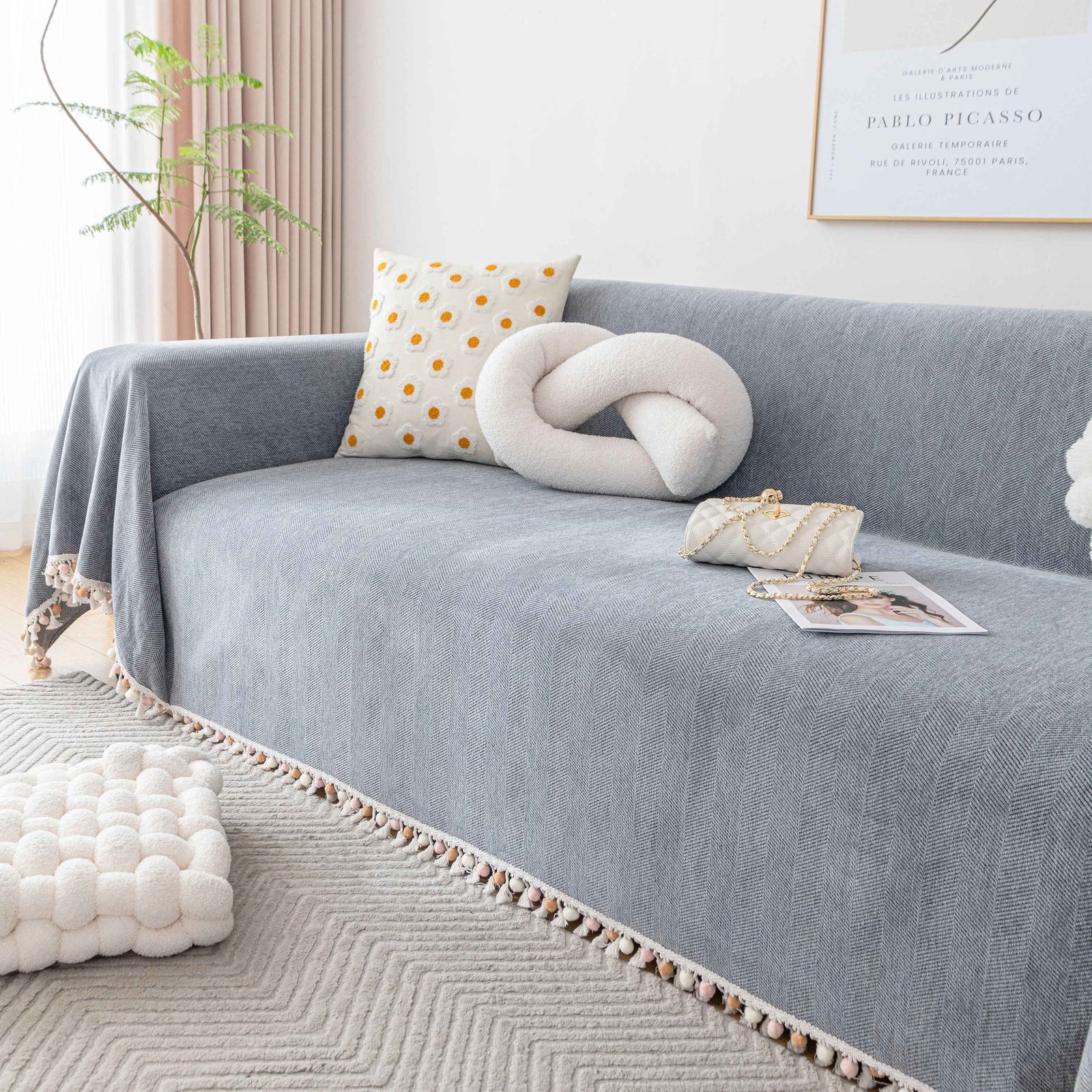 Boho Herringbone Sofa Throw Blanket with Pom Pom Tassels Stylish Furniture Slipcover