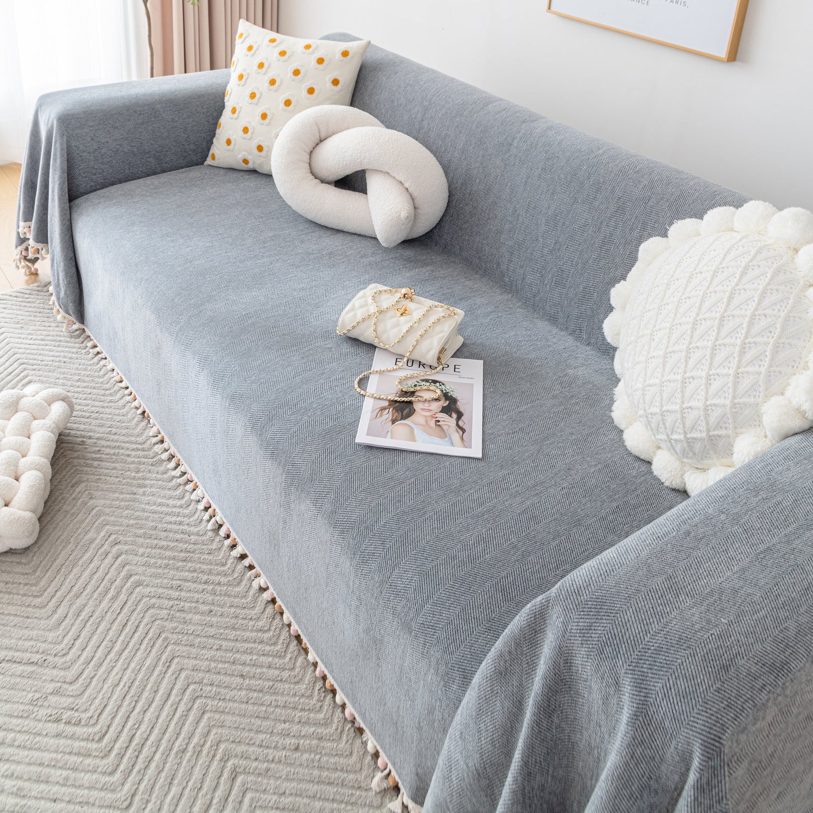 Couch Cover Sectional L Shape Chenille Herringbone Couch Throw Cover with Tassel Pom-Poms for Pets