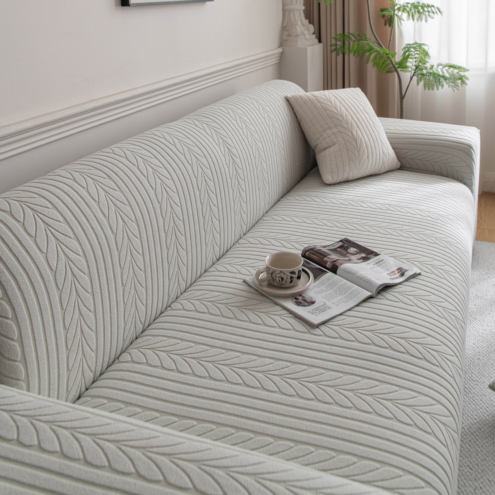 Plush Fleece Sofa Slipcover with 3D Wheat Pattern, Cozy High-Stretch Couch Cover