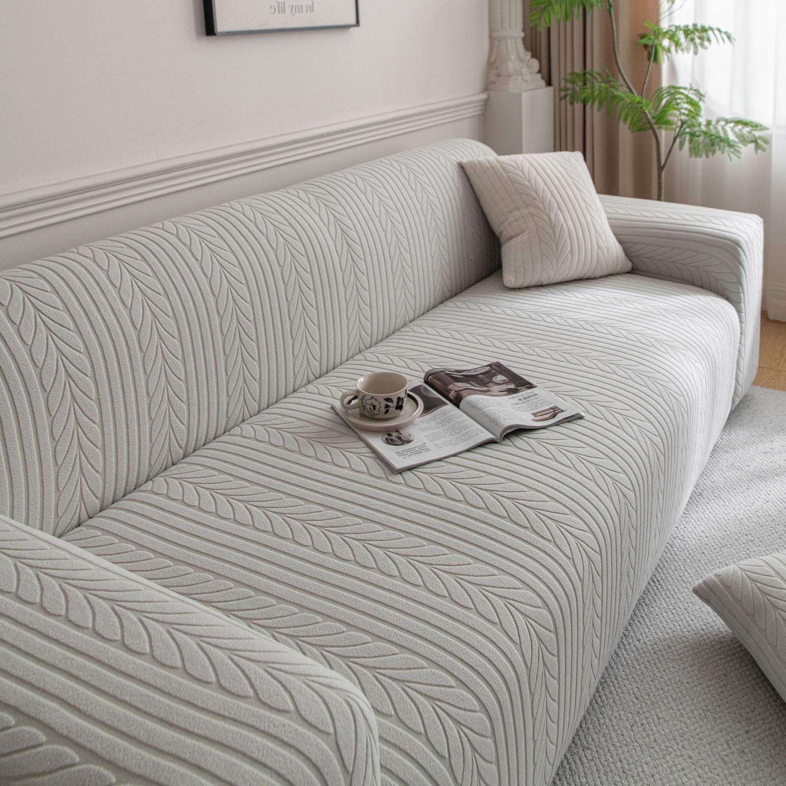 Plush Fleece Sofa Slipcover with 3D Wheat Pattern, Cozy High-Stretch Couch Cover