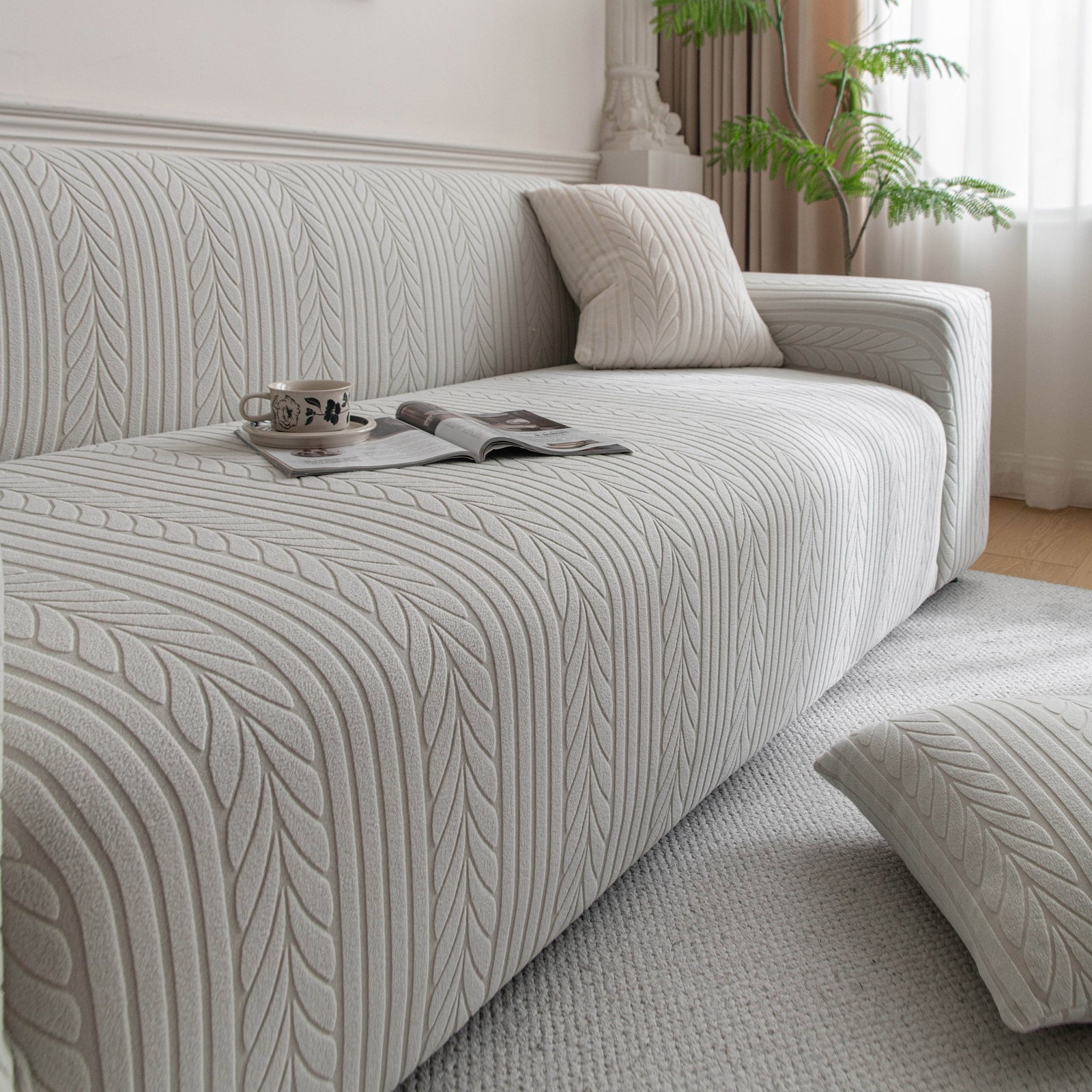 Plush Fleece Sofa Slipcover with 3D Wheat Pattern, Cozy High-Stretch Couch Cover