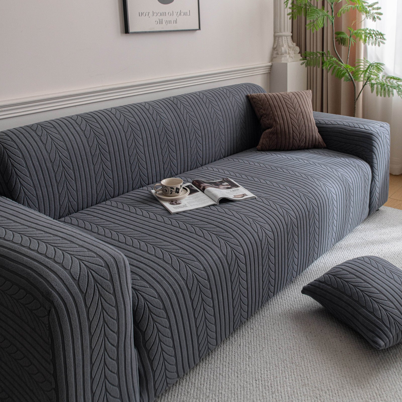 Plush Fleece Sofa Slipcover with 3D Wheat Pattern, Cozy High-Stretch Couch Cover