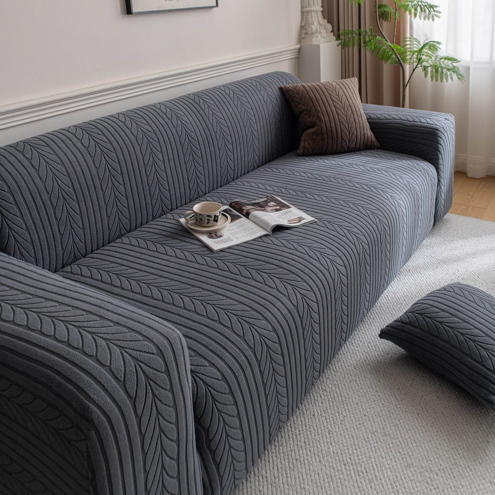 Plush Fleece Sofa Slipcover with 3D Wheat Pattern, Cozy High-Stretch Couch Cover