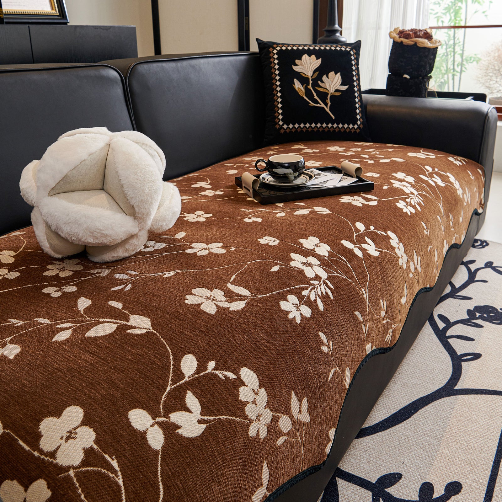 Floral Chenille Couch Cover, Non-Slip Sofa Slipcover Protector for Furniture