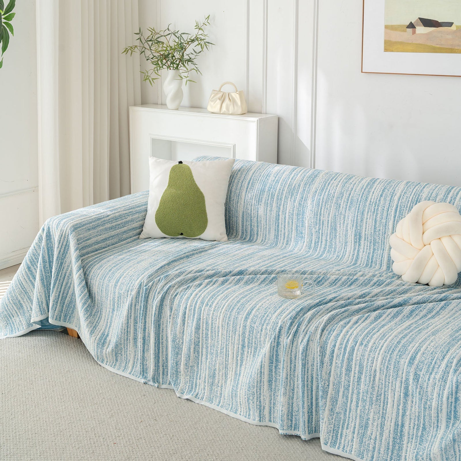 Summer Cooling Ice Silk Sofa Cover, Textured Stripe Soft Breathable Couch Throw Cover